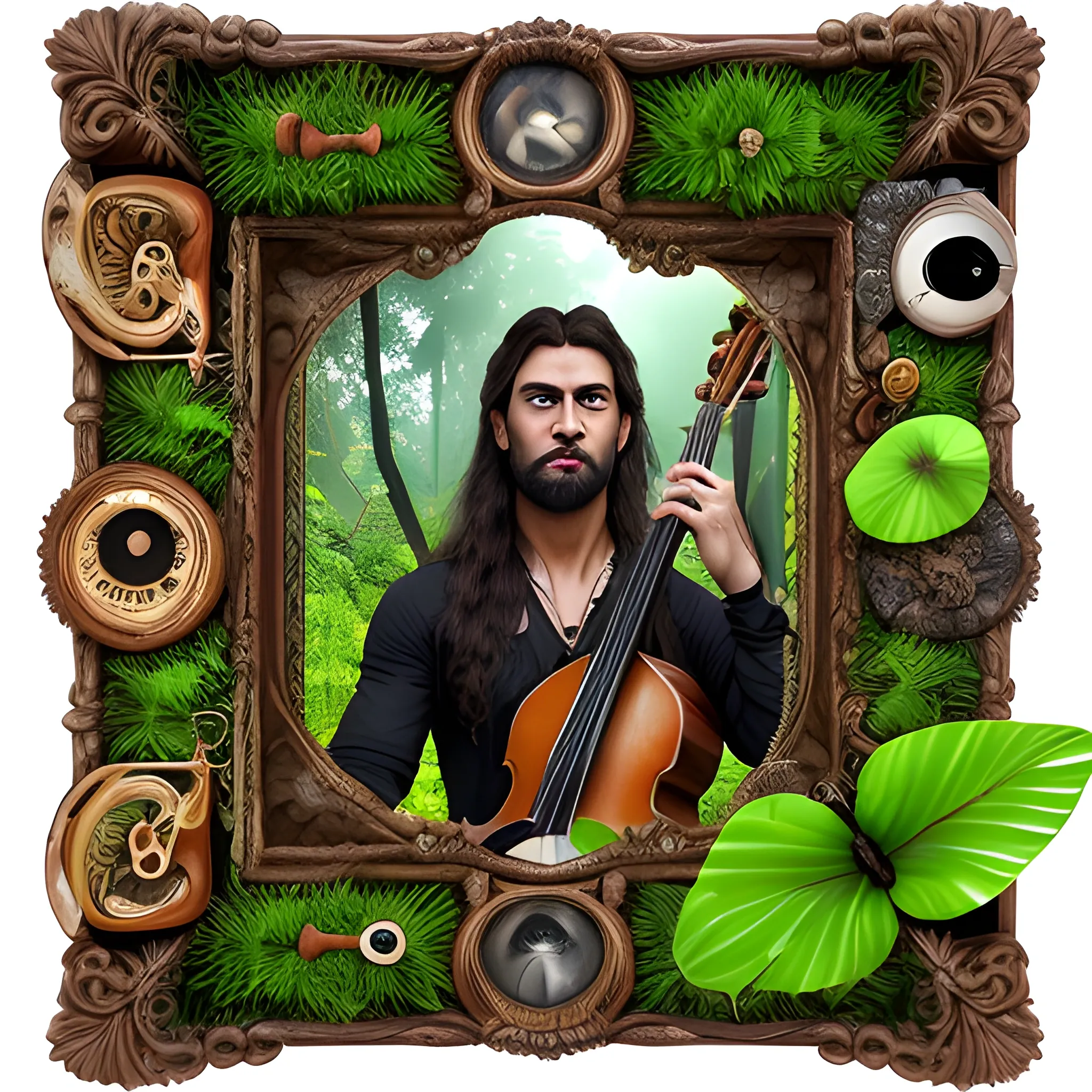 a real photo frame, A group of musicians in the jungle, handsome, black-eyed, green-eyed,looking_at_viewer, solo_focus, jewelry, long-haired, strong, Ottoman, ney, the law, it is me, different_instruments, trees, butterflies, birds, a foggy air, lawns, realistic, bracer, human_face, 3D