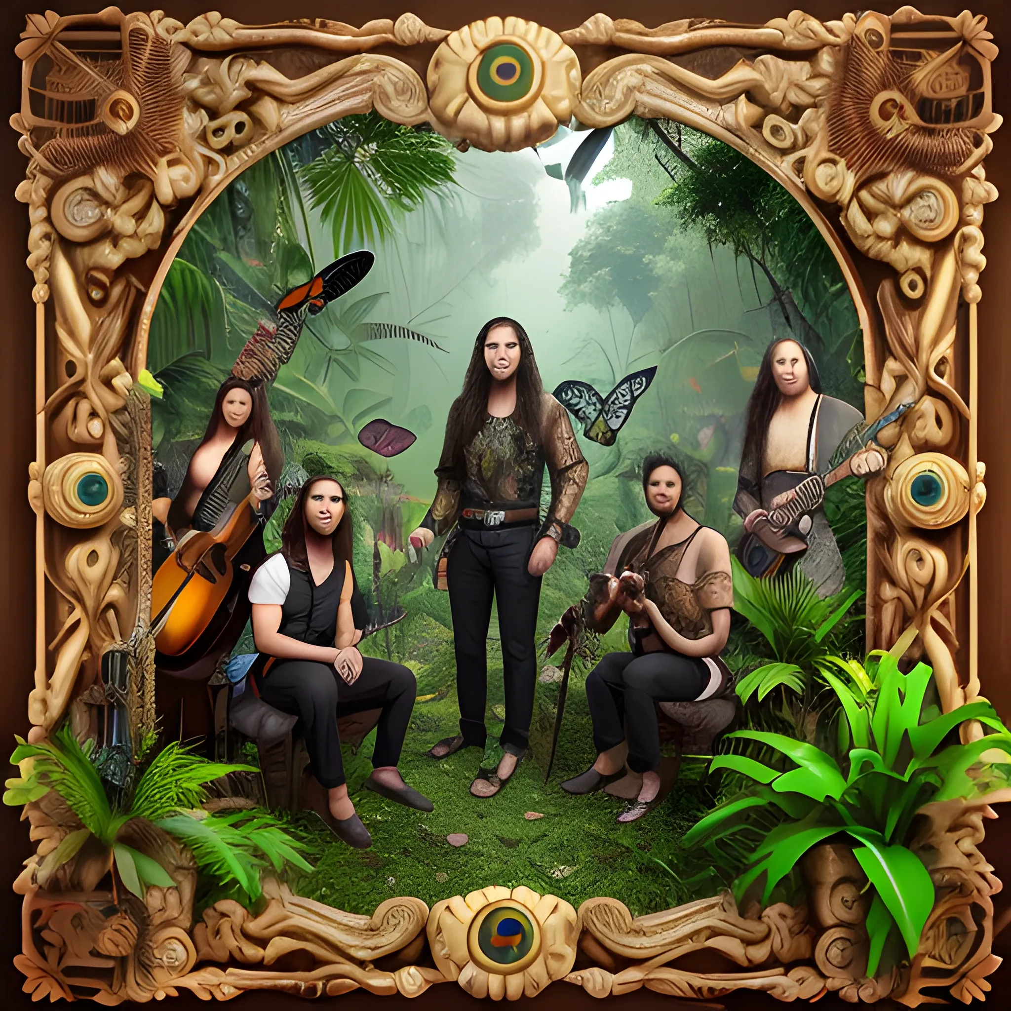 A group of musicians in the jungle, handsome, a real photo frame, black-eyed, green-eyed,looking_at_viewer, solo_focus, jewelry, long-haired, strong, Ottoman, ney, the law, it is me, different_instruments, trees, butterflies, birds, a foggy air, lawns, realistic, bracer, human_face, 3D