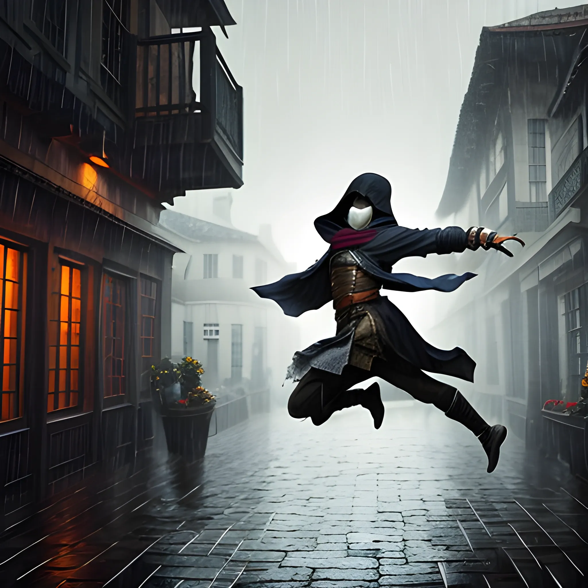 Cloaked Masked Rogue Jumping Out of a Tavern Window, Wide Shot, Heavy Rain, Gloomy Night