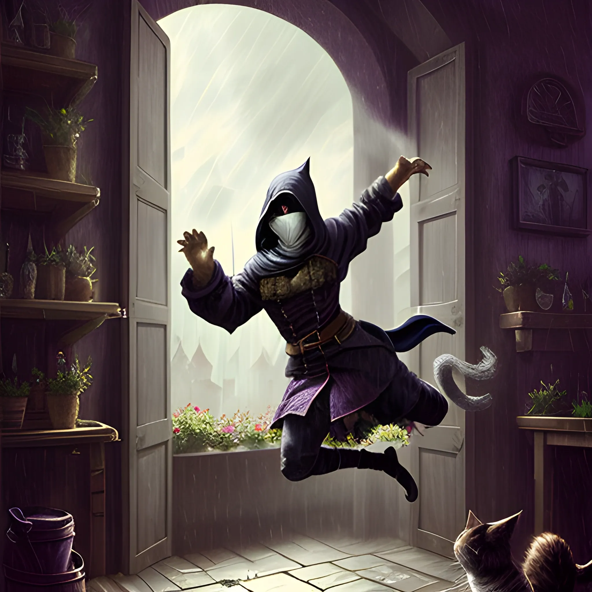 Cloaked Masked Rogue Jumping Out of a Tavern Window, Fantasy, Raining, Bloom, God Rays, Furry Art, Cat Person, Simple Fantasy, Gloomy, Victorian