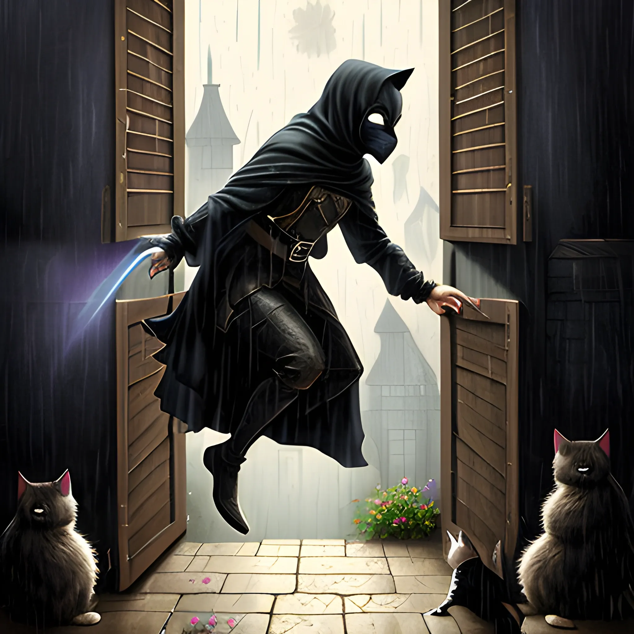 Cloaked Masked Rogue Falling Out of a Tavern Window, Fantasy, Raining, Bloom, God Rays, Furry Art, Cat Person, Simple Fantasy, Gloomy, Victorian, Pencil Sketch