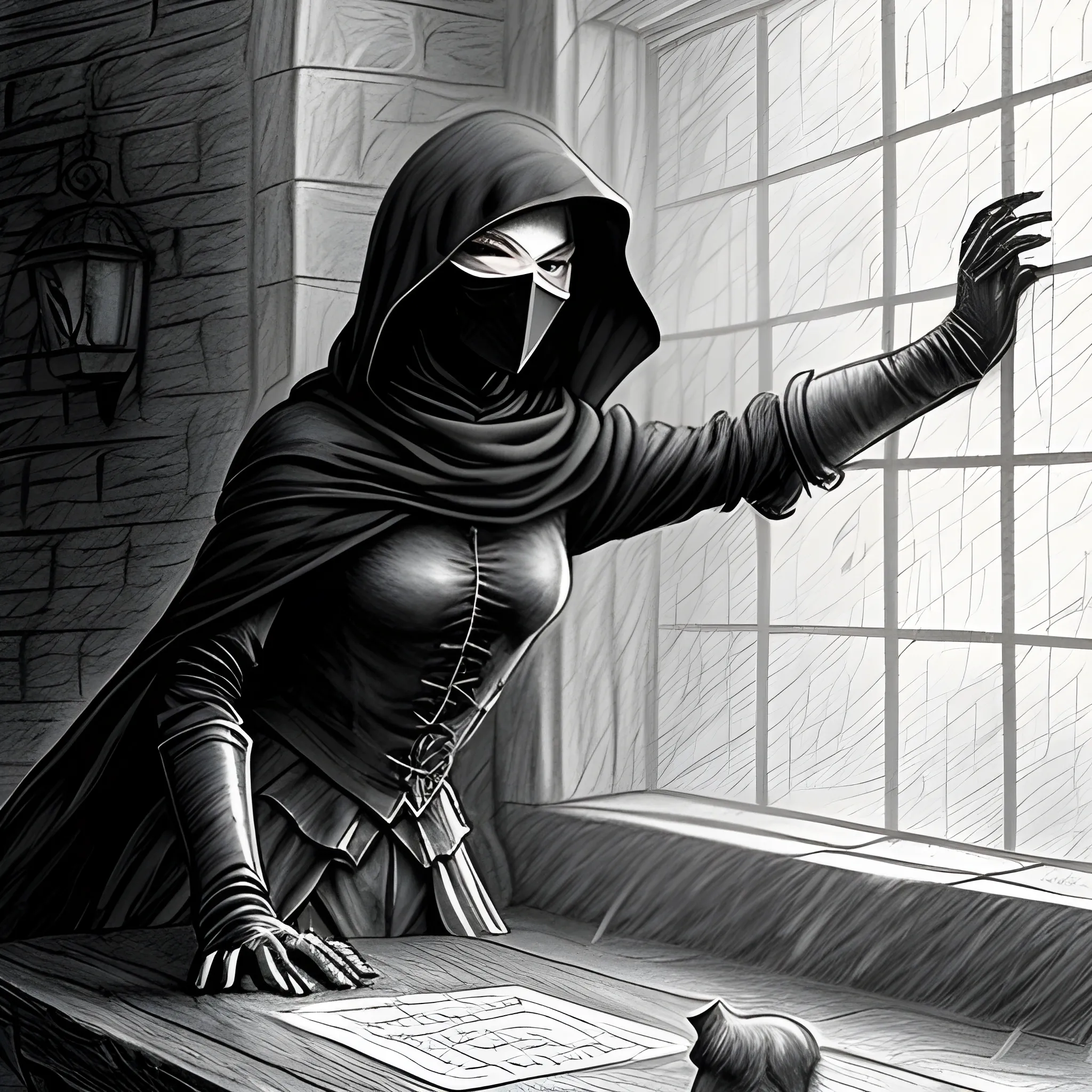 Cloaked Masked Rogue Falling Out of a Tavern Window, Fantasy, Raining, Bloom, God Rays, Furry Art, Cat Person, Simple Fantasy, Gloomy, Victorian, Pencil Sketch