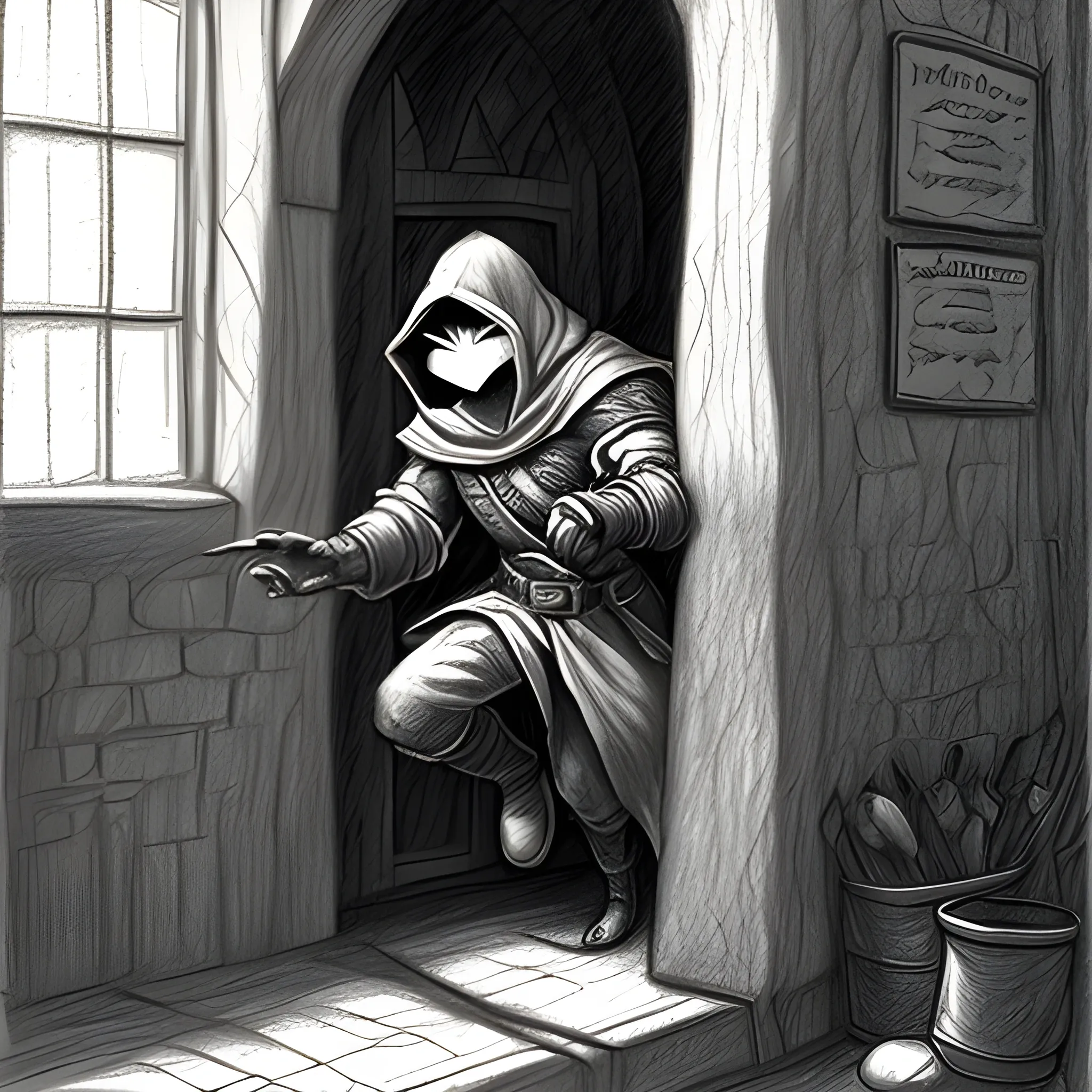 Cloaked Masked Rogue Falling Out of a Tavern Window, Fantasy, Bloom, God Rays, Furry Art, Simple Fantasy, Pencil Sketch