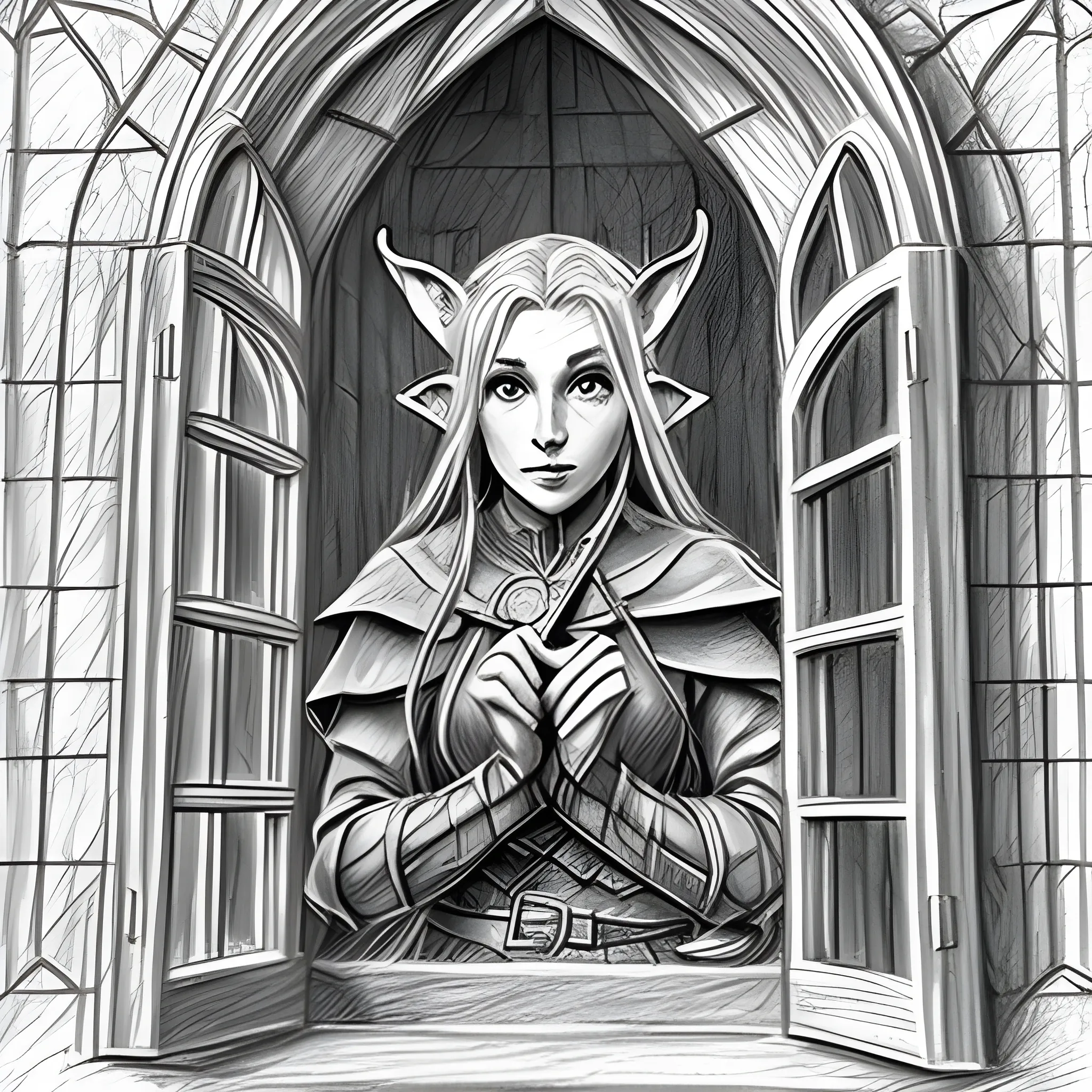 Fantasy, Elf, Tolkien, Window Scene, Fantasy, Rough Pencil Sketch