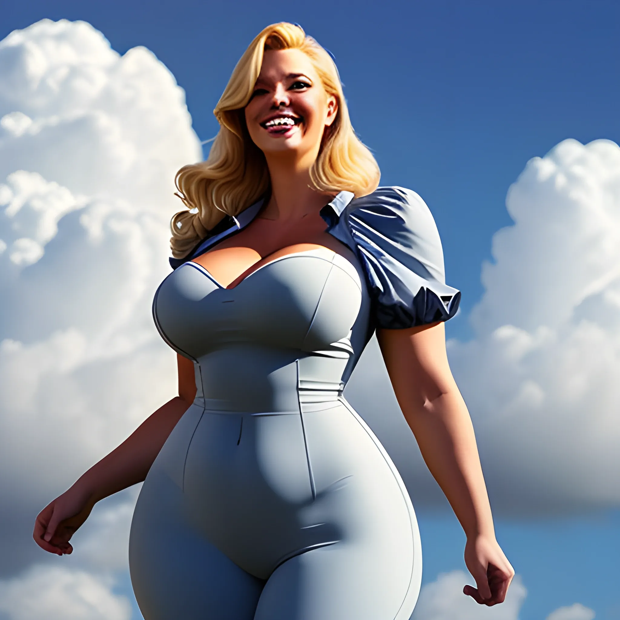 very tall robust curvy gently smiling blonde girl standing under