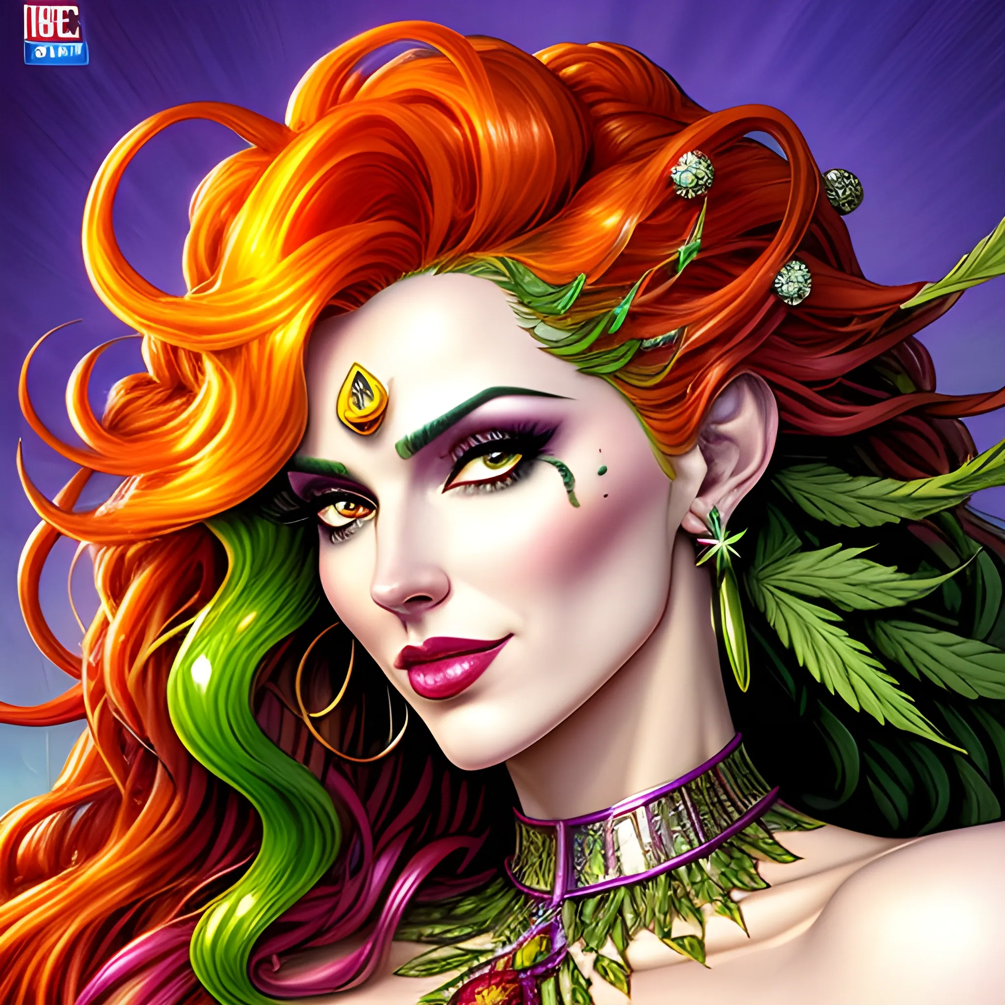 comic book version of young Strawberry Shortcake as a marijuana Goddess, pretty and highly detailed face, meticulously detailed multi-hued long curly red hair; surrounded by luminous color sparkles and marijuana plants, lemon slices; modern American; by Dan Parent art, Daniel Gerhartz, Lisa Frank, Sienkiewicz, Mucha, jim lee art; hyper-detailed, hyper-realistic, sharp focus; symmetrical face; textured shading, subtractive lighting, marijuana, lemons, pomegranate arils