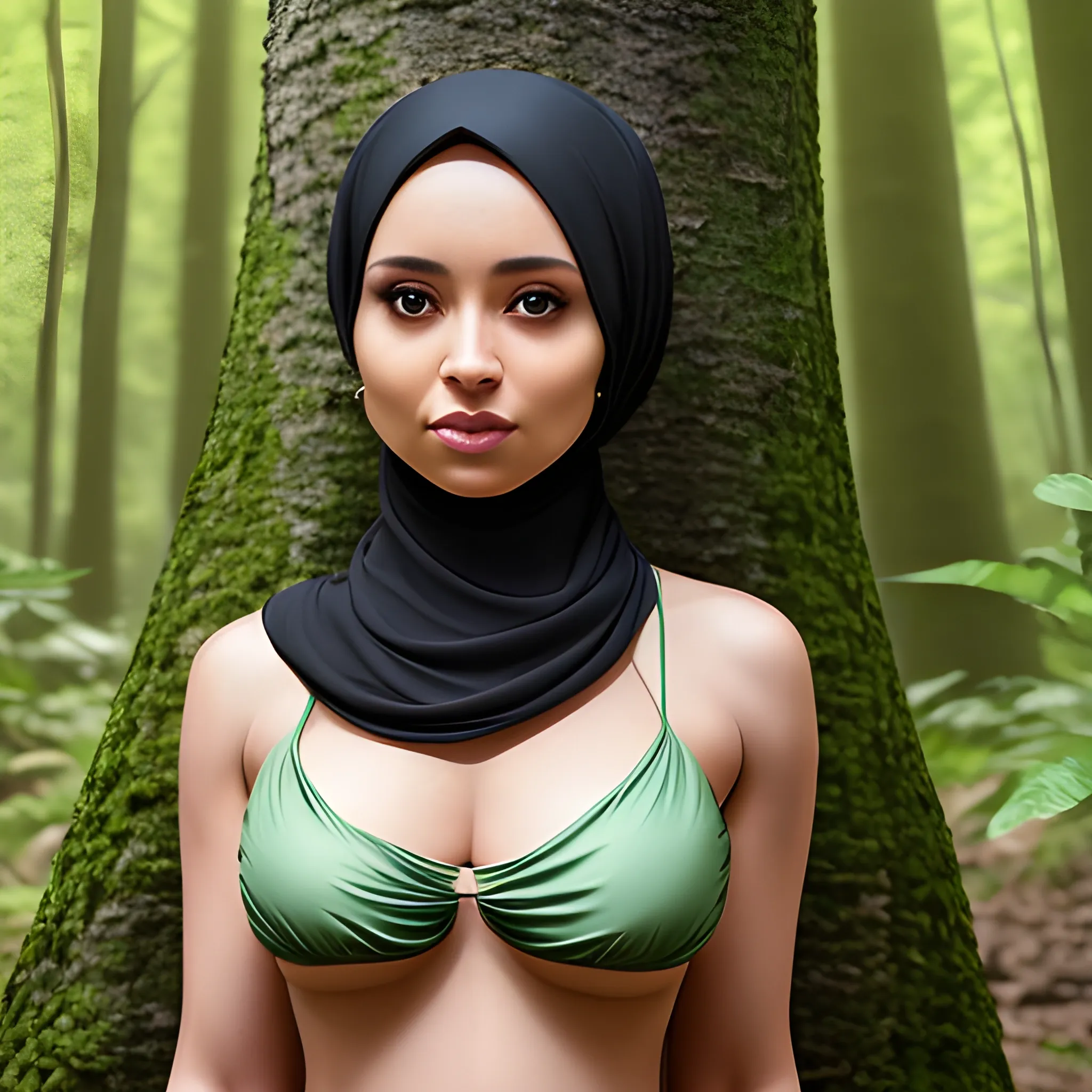 a beautiful woman in a forest, wearing hijab, looking_at camera, 