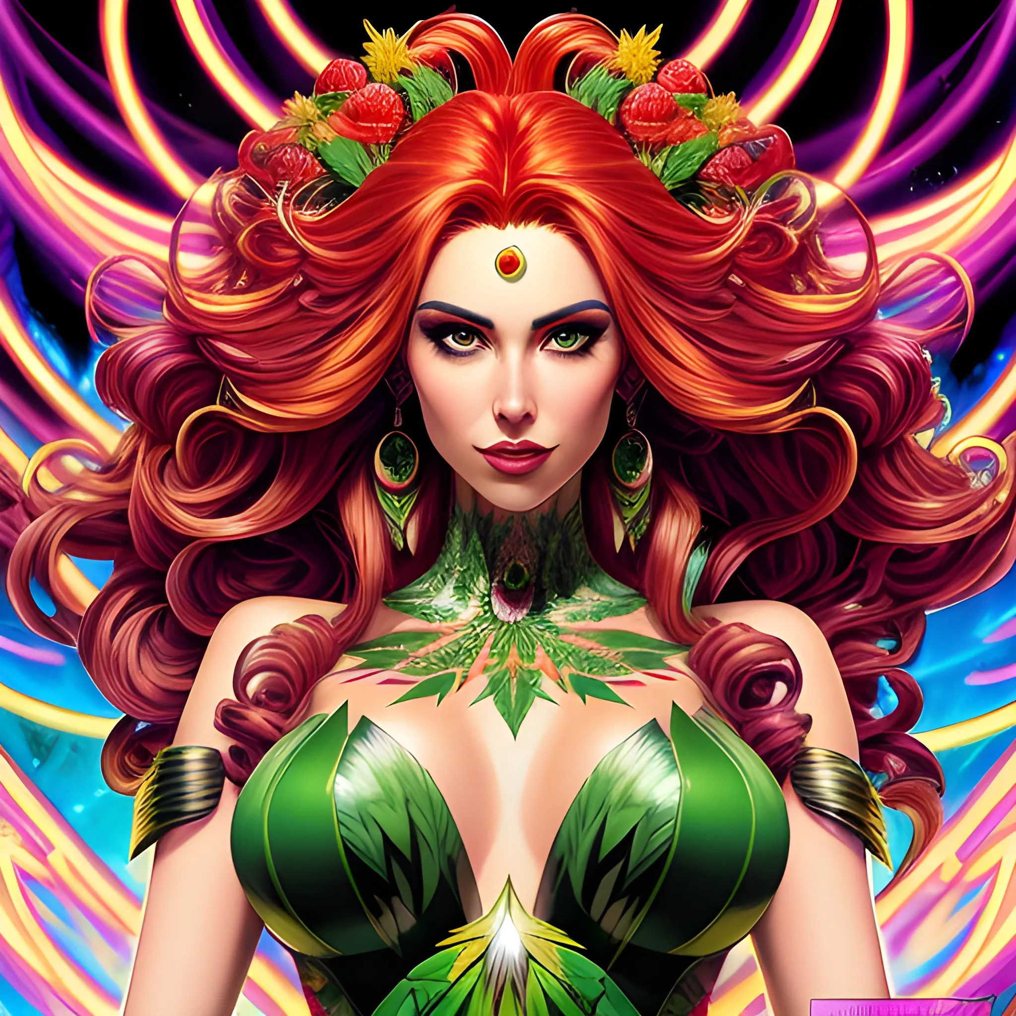 comic book version of young Strawberry Shortcake as a marijuana Goddess, pretty and highly detailed face, meticulously detailed multi-hued long curly red hair; surrounded by luminous color sparkles and marijuana plants, lemon slices; modern American; by Dan Parent art, Daniel Gerhartz, Lisa Frank, Sienkiewicz, Mucha, jim lee art; hyper-detailed, hyper-realistic, sharp focus; symmetrical face; textured shading, subtractive lighting, marijuana, lemons, pomegranate arils