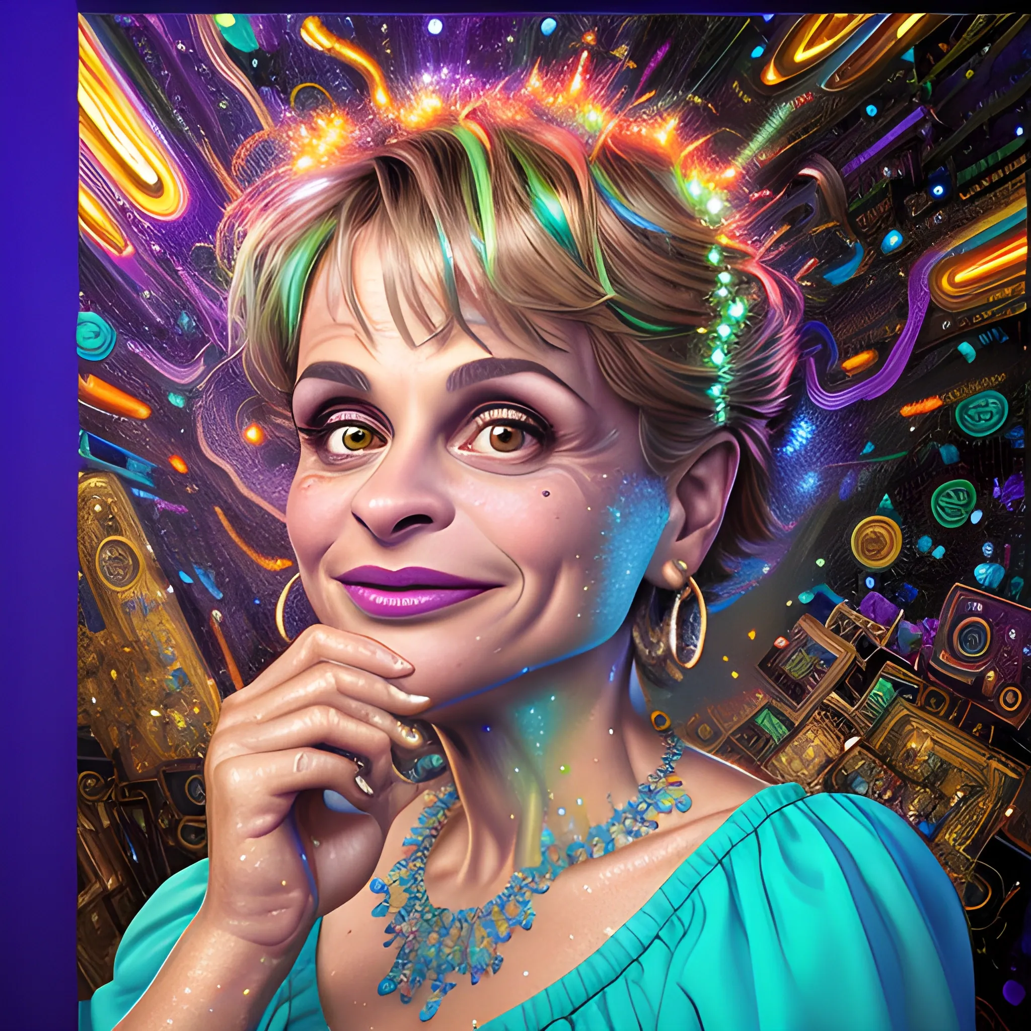 hyperdetailed oil on canvas, comedian Amy Sedaris, her striking brown eyes, perfect, precisely detailed face, blue, green, purple, luminous colorful sparkles, by James R. Eads, Gawki, rajewel, Tania Rivilis, Dan Mumford, glitter, airbrush, Octane Render, elegant, volumetric lighting, 16k