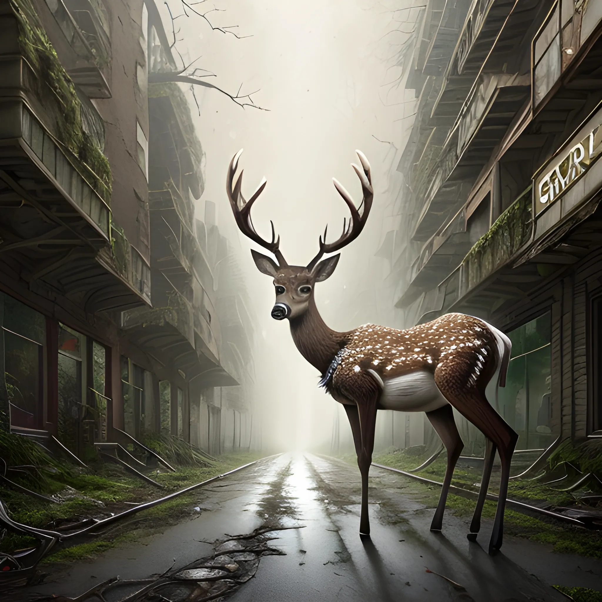 meticulously detailed deer on an abandoned city street, surrounded by decrepit, rotting high rise buildings, overgrown, plant growth, moss, trees, shambles, ruin, decay, highly detailed, ethereal fantasy hyperdetailed mist, maximalist matte painting, 16K resolution, polished, realistic oil painting, beautiful