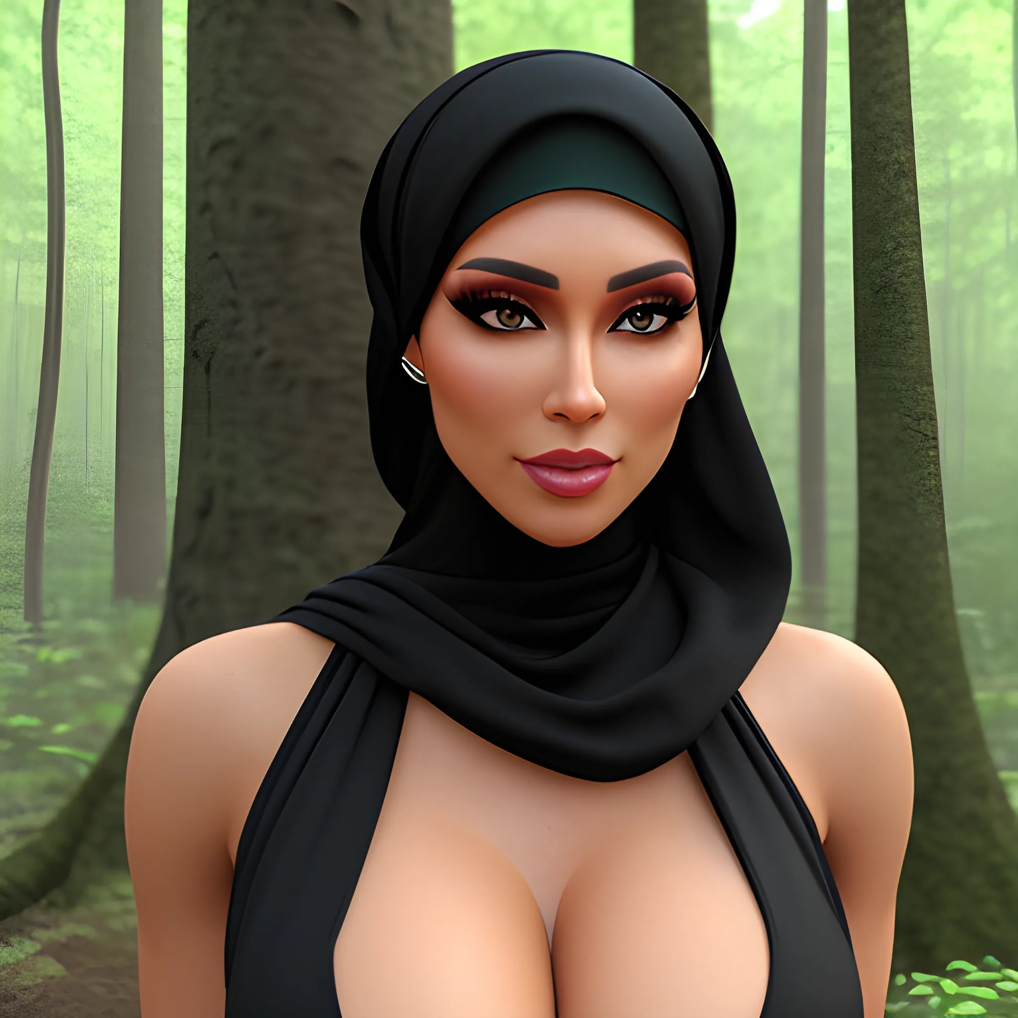 a beautiful girl in a forest wearing hijab looking at camera short hair black hair bare shoulders  jewelry  medium breasts standing earrings outdoors wearing cute black bikini parted lips solo focus day light skin light skinned female tree lips nature armlet forest thong realistic her full body in the picture , 3D, 3D, 3D