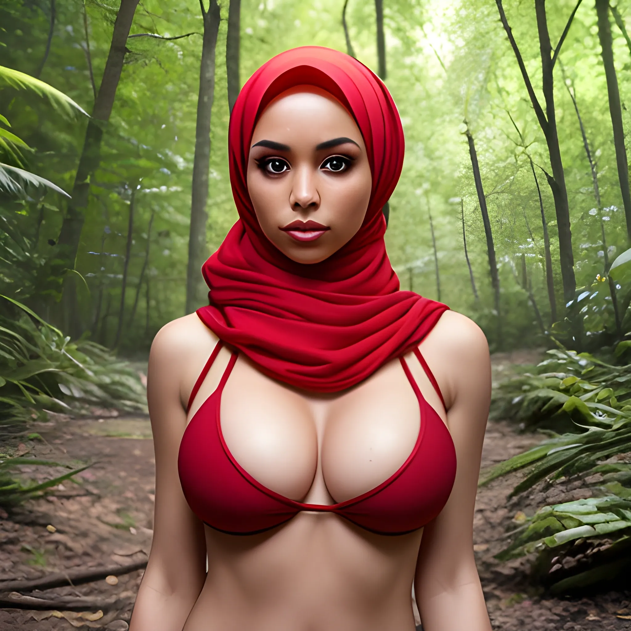 a beautiful woman wearing hijab in a forest, wearing red bikini, 