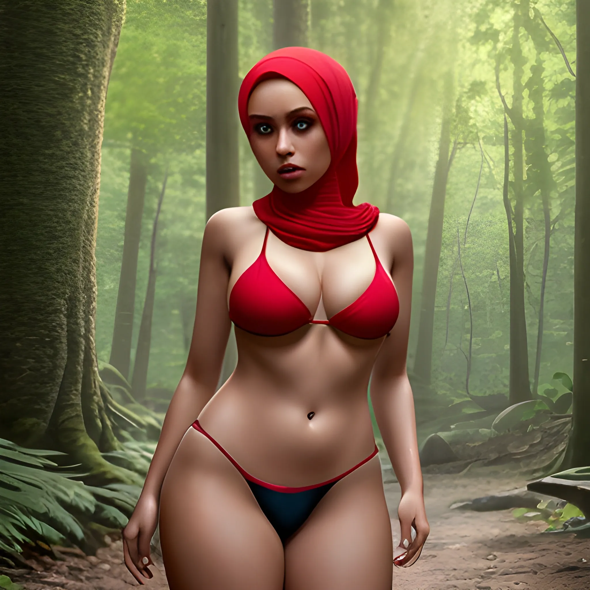 a beautiful woman in a forest, wearing hijab, looking_at camera