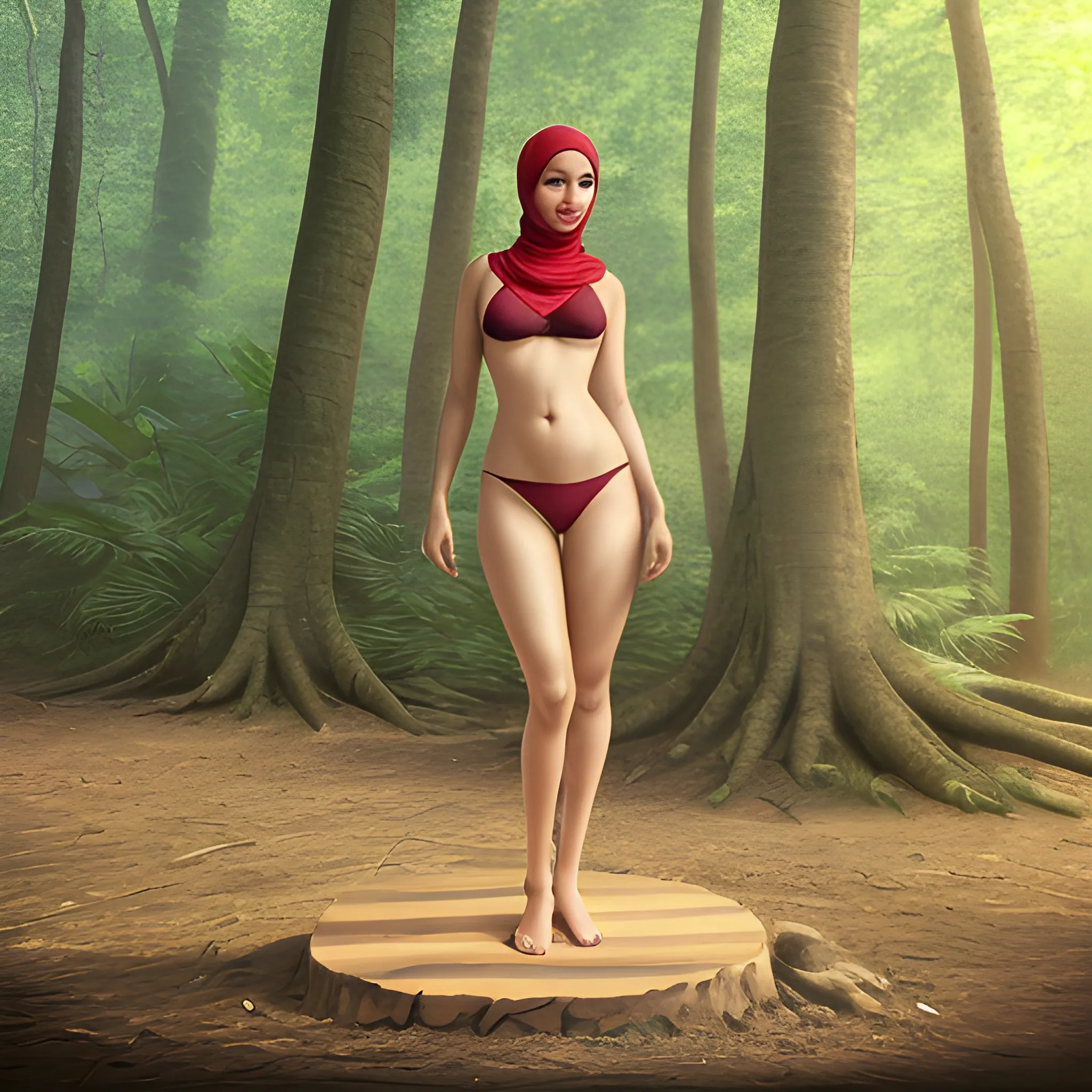 a woman in a forest, wearing hijab, looking_at camera, short_hair, black_hair, bare_shoulders, jewelry, medium_breasts, standing, earrings, outdoors, wearing red bikini, parted_lips, solo_focus, day, light_skin, light-skinned_female, tree, lips, nature, armlet, forest, thong, realistic, full body in the picture , 3D, Pencil Sketch