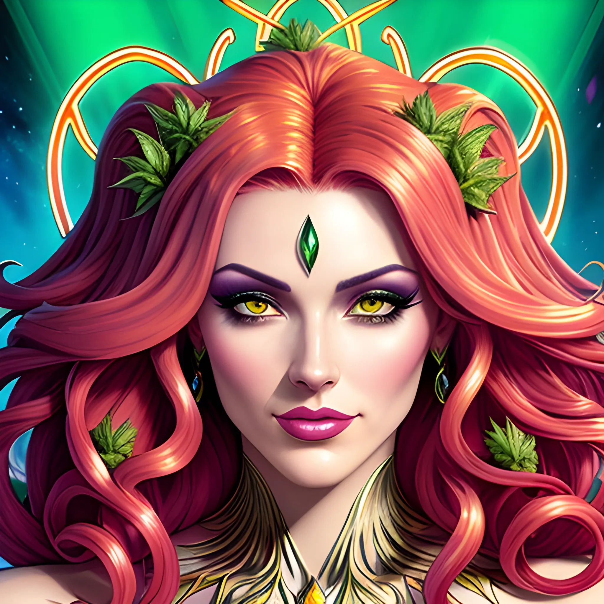 comic book version of young Strawberry Shortcake as a marijuana Goddess, pretty and highly detailed face, meticulously detailed multi-hued long curly red hair; surrounded by luminous color sparkles and marijuana plants, lemon slices; modern American; by Dan Parent art, Daniel Gerhartz, Lisa Frank, Sienkiewicz, Mucha, jim lee art; hyper-detailed, hyper-realistic, sharp focus; symmetrical face; textured shading, subtractive lighting, marijuana, lemons, pomegranate arils