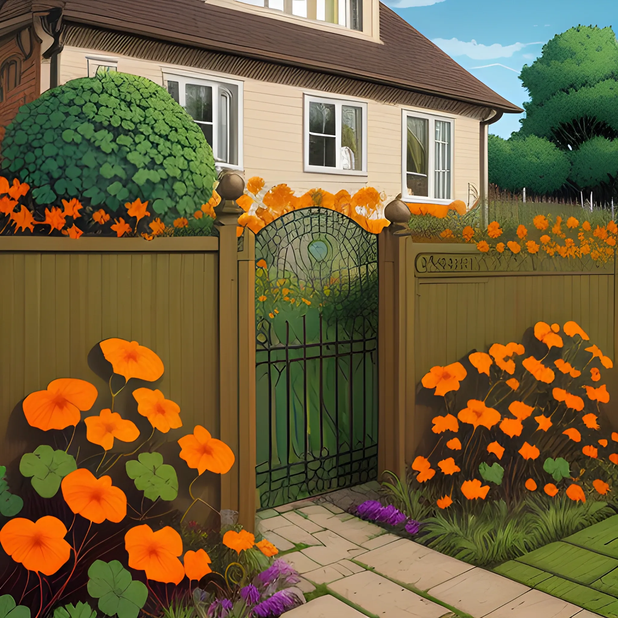 Garden fence covered by nasturtiums; Mark Brooks and Dan Mumford, comic book art, perfect, smooth