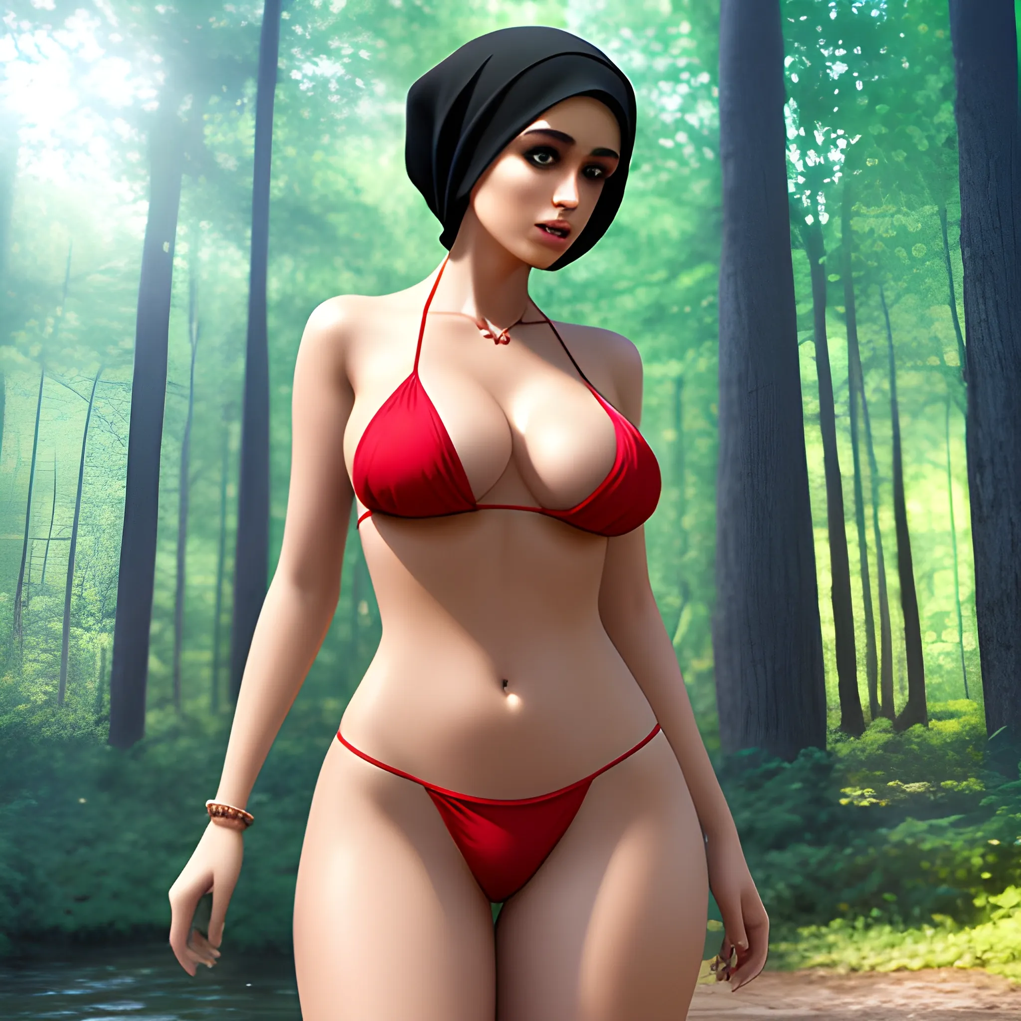 a beautiful 3D woman in a forest, wearing hijab, looking_at camera, short_hair, black_hair, bare_shoulders, jewelry, big_breasts, standing, panties, outdoors, solo_focus, day, light_skin, light-skinned_female, tree, lips, nature, armlet, forest, thong, realistic, shownig full body, waring hot red bikini, 3D, , Water Color her full body in picture , Water Color 4k resolution,