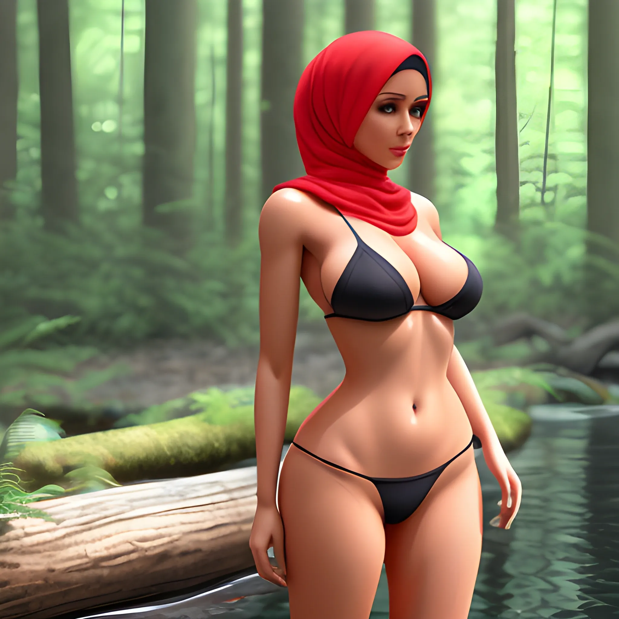 a beautiful woman in a forest, wearing hijab, looking_at camera