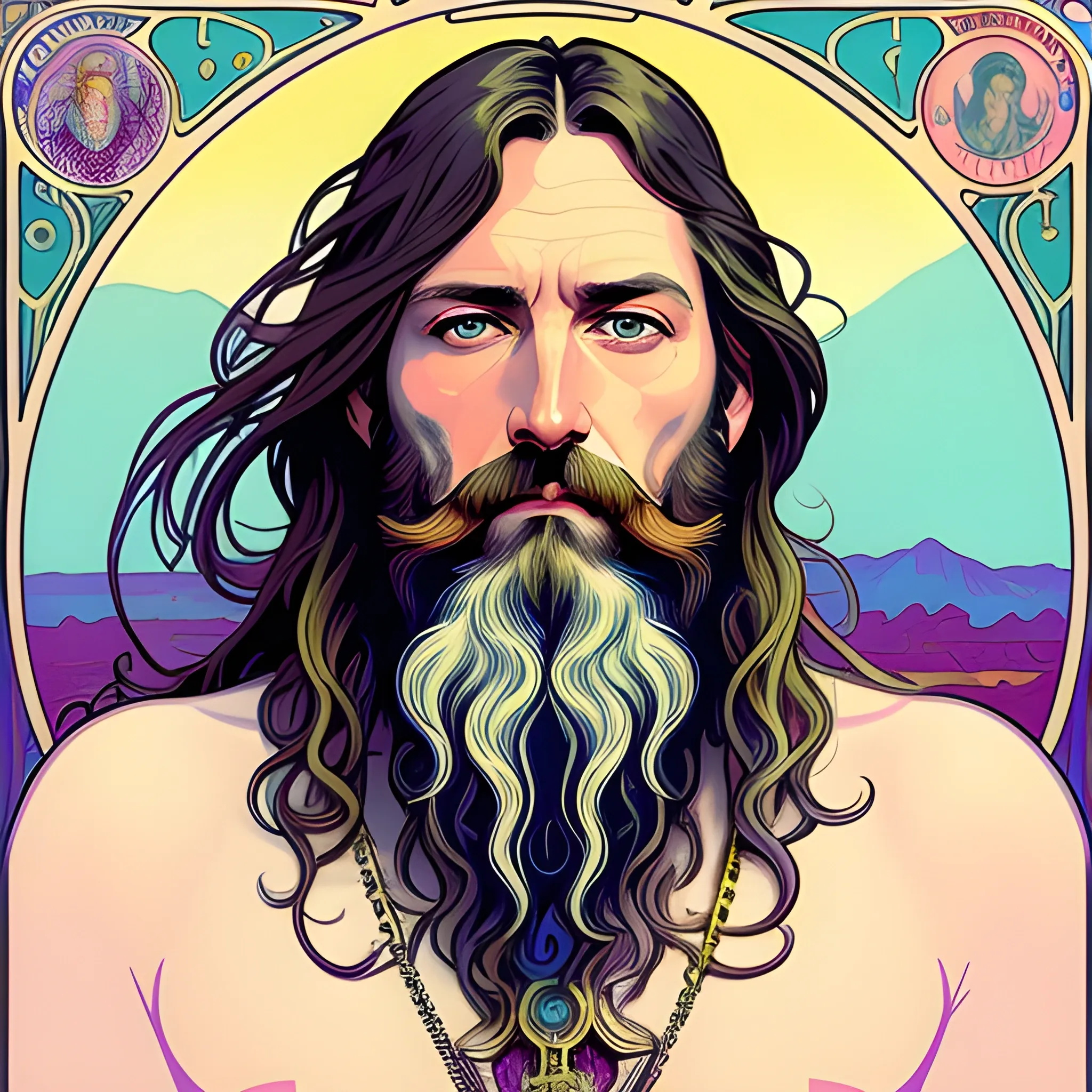 young man, Chris Robinson of The Black Crowes, close up, his highly detailed face, clean, clear blue eyes, meticulously detailed beard; hippie, he gazes across a misty landscape; pink, yellow, psychedelic; fantasy, Vintage Art, 8k resolution art Nouveau poster; Alphonse Mucha, Artgerm, WLOP, Illustration intricately detailed, trending on Artstation, Renaissance, triadic colors, Chromolithography Soft Shading