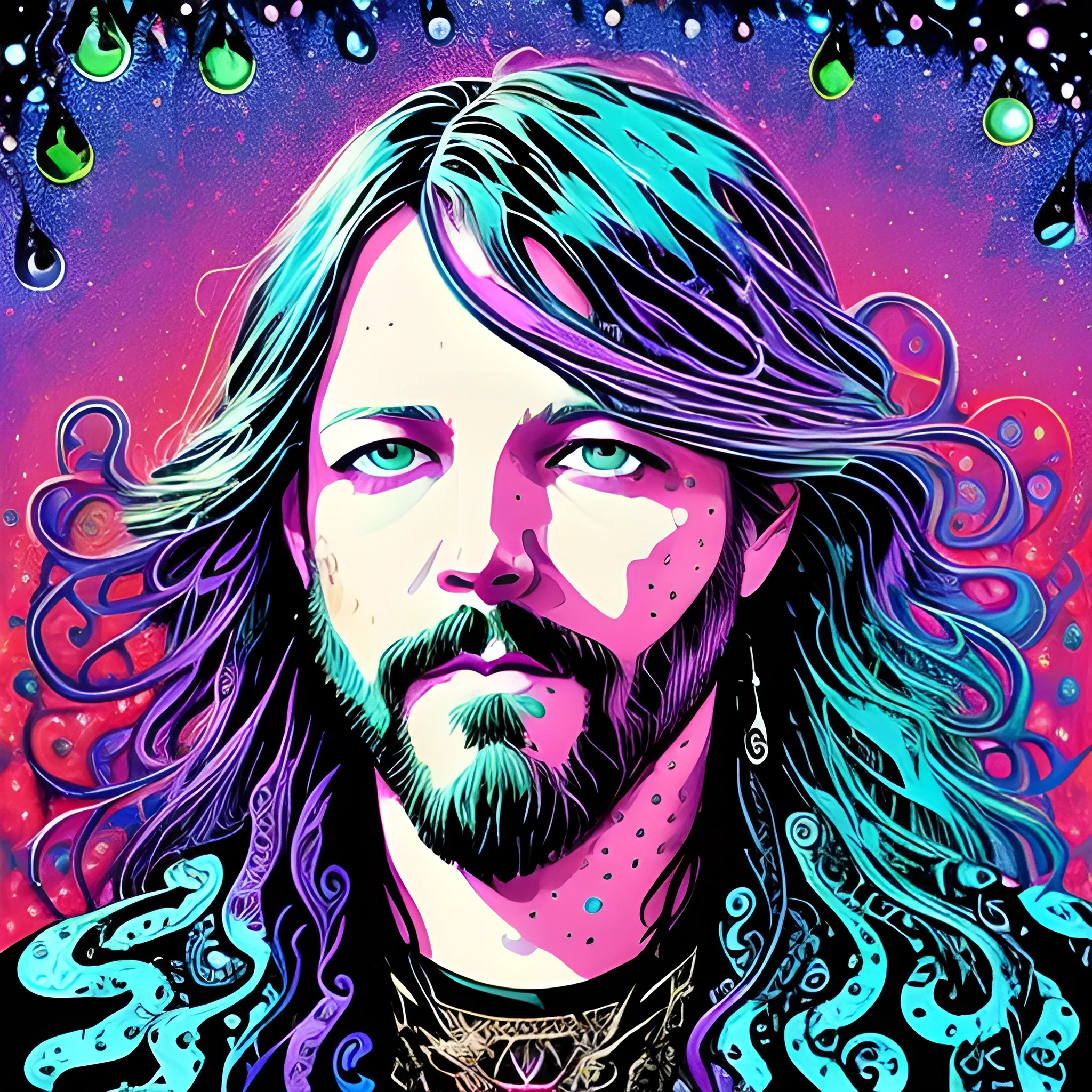 mixed media ink illustration Rich Robinson of The Black Crowes, meticulously detailed face, Rich Robinson, long hair, blue eyes, luminous colorful sparkles, by James R. Eads, Gawki, rajewel, DestinyBlue, Tania Rivilis, Dan Mumford, glitter, airbrush, pink, purple, teal, green, multi-hued