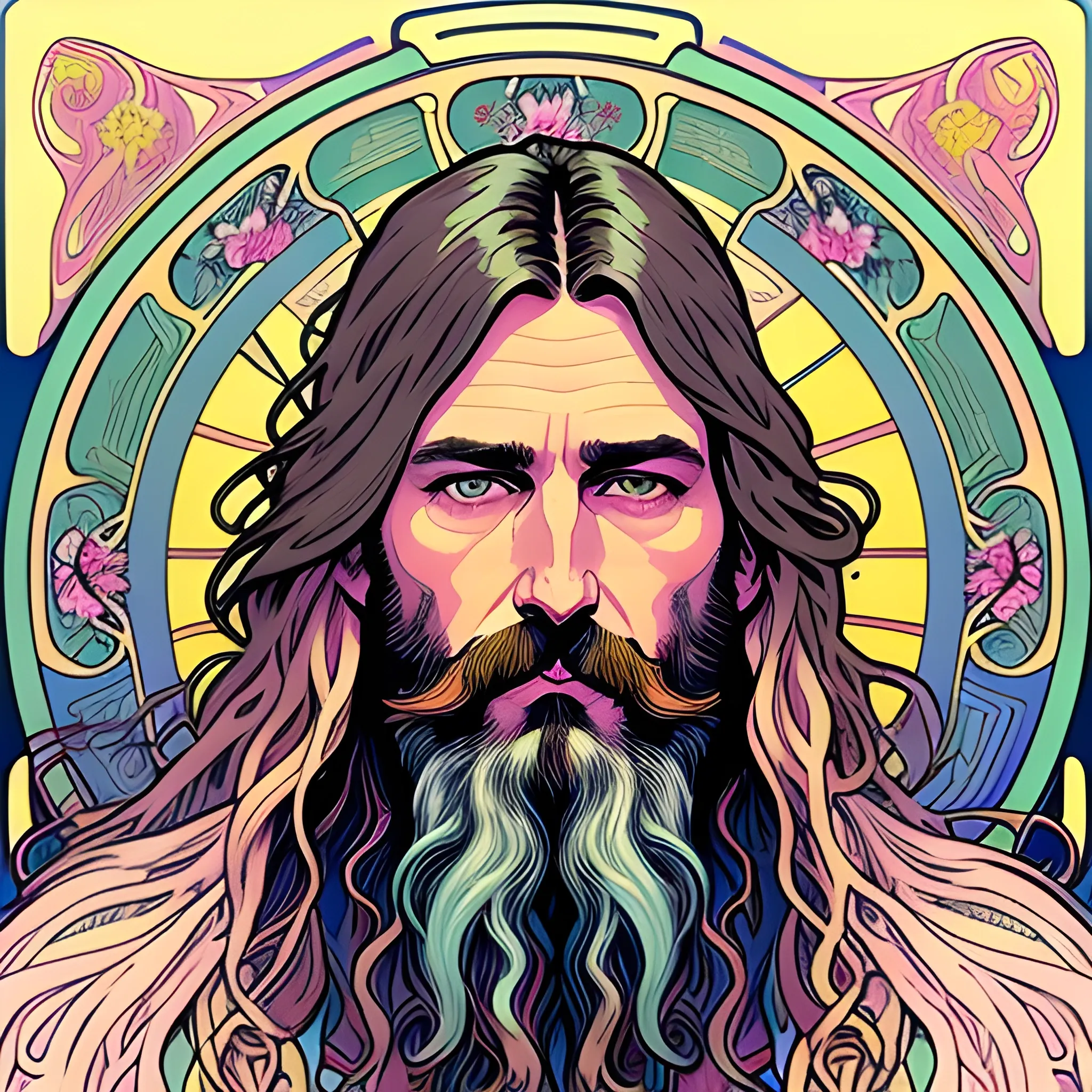 young man, Chris Robinson of The Black Crowes, close up, his highly detailed face, clean, clear blue eyes, meticulously detailed beard; hippie, he gazes across a misty landscape; pink, yellow, psychedelic; fantasy, Vintage Art, 8k resolution art Nouveau poster; Alphonse Mucha, Artgerm, WLOP, Illustration intricately detailed, trending on Artstation, Renaissance, triadic colors, Chromolithography Soft Shading