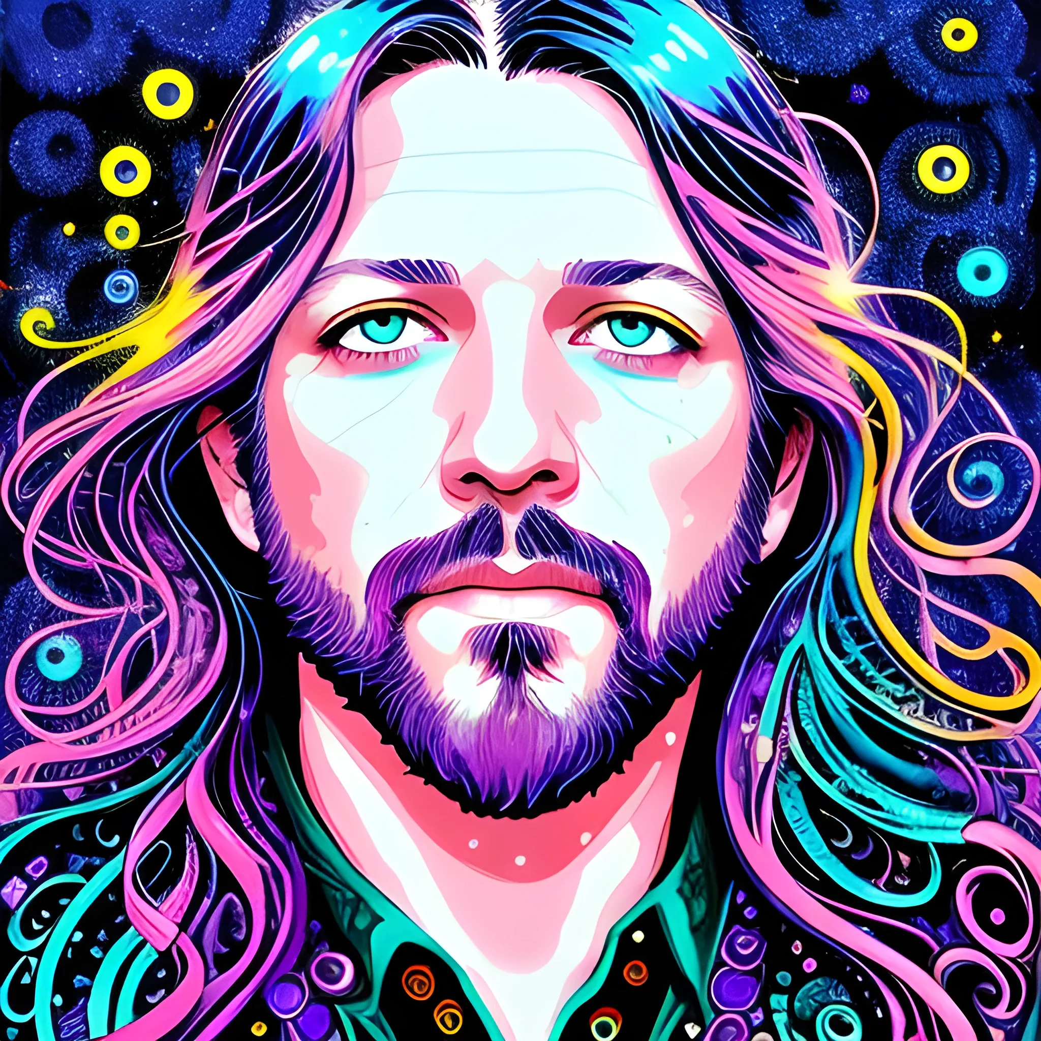 mixed media ink illustration Rich Robinson of The Black Crowes, meticulously detailed face, Rich Robinson, long hair, blue eyes, luminous colorful sparkles, by James R. Eads, Gawki, rajewel, DestinyBlue, Tania Rivilis, Dan Mumford, glitter, airbrush, pink, purple, teal, green, multi-hued