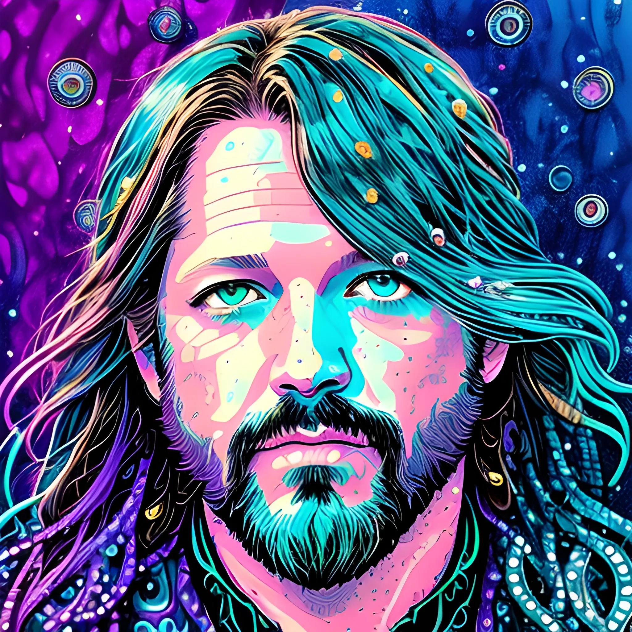 mixed media ink illustration Rich Robinson of The Black Crowes, meticulously detailed face, Rich Robinson, long hair, blue eyes, luminous colorful sparkles, by James R. Eads, Gawki, rajewel, DestinyBlue, Tania Rivilis, Dan Mumford, glitter, airbrush, pink, purple, teal, green, multi-hued