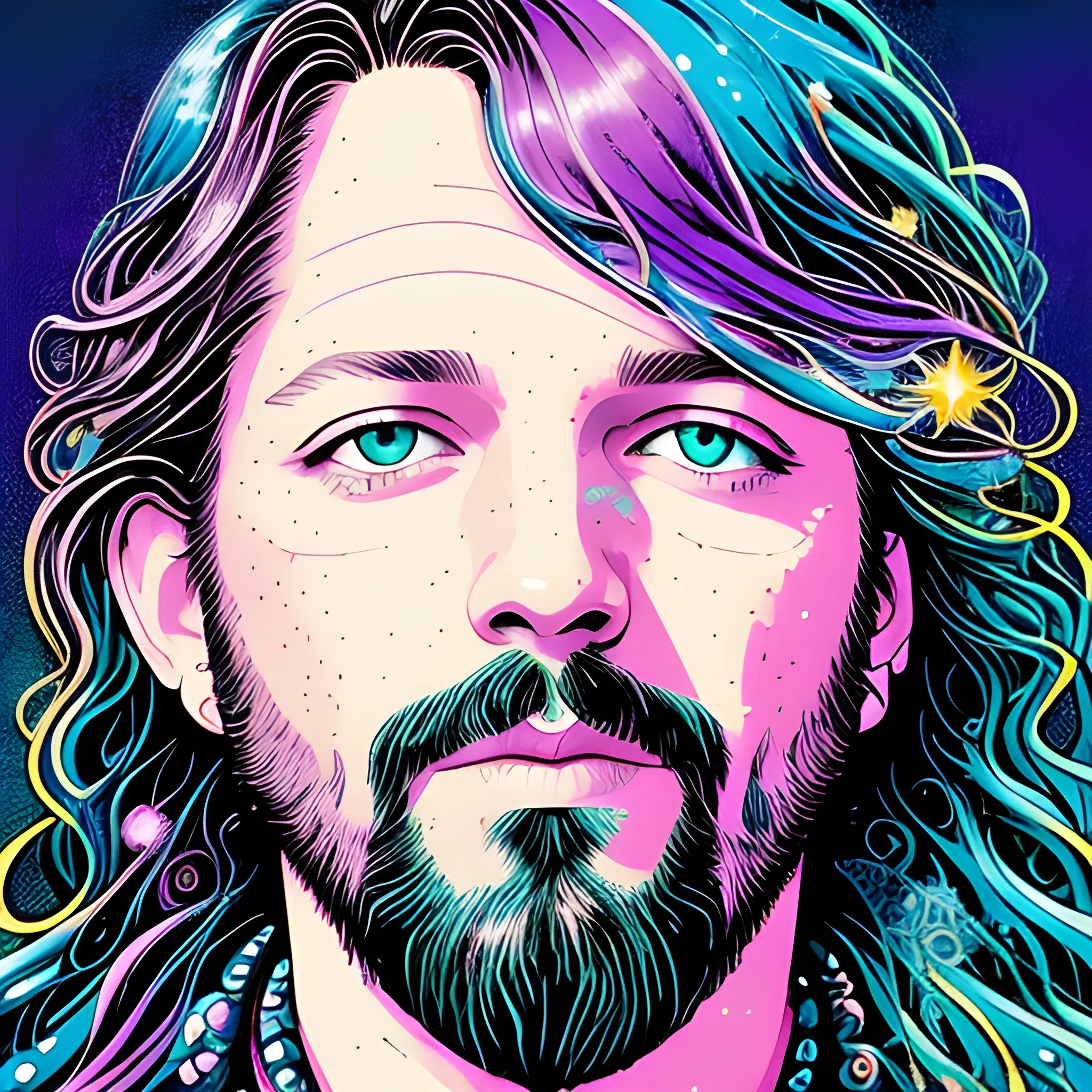 mixed media ink illustration Rich Robinson of The Black Crowes, meticulously detailed face, Rich Robinson, long hair, blue eyes, luminous colorful sparkles, by James R. Eads, Gawki, rajewel, DestinyBlue, Tania Rivilis, Dan Mumford, glitter, airbrush, pink, purple, teal, green, multi-hued