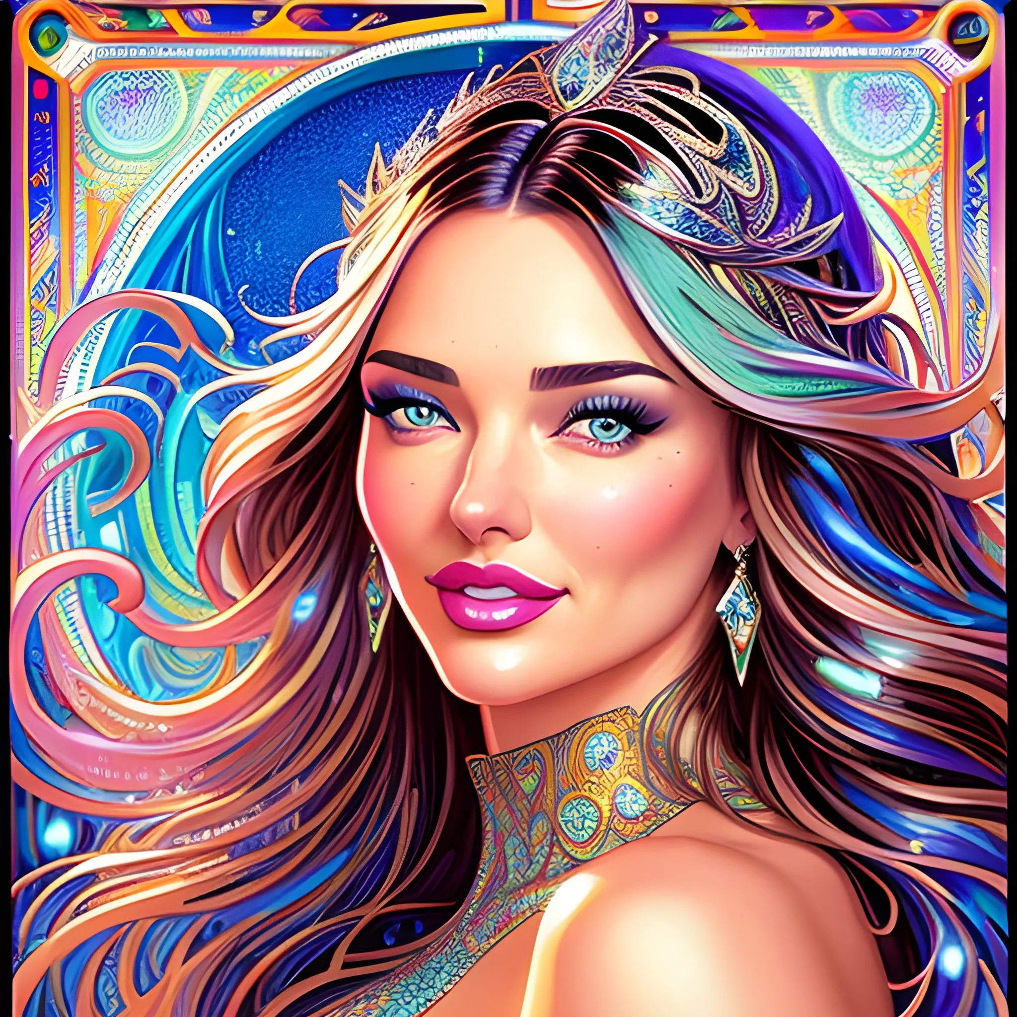 young Miranda Kerr, her highly detailed attractive face, meticulously detailed, multi-hued white-blond hair, blue eyes, dimple; by James R. Eads, Fausto-Giurescu, Tania Rivilis, Maxfield Parrish, Alphonse Mucha, Dan Mumford; luminous colorful sparkles, glitter, airbrush, depth of field, volumetric lighting Jason Beam art, Julie Bell art, Scott M Fischer, Neysa McMein