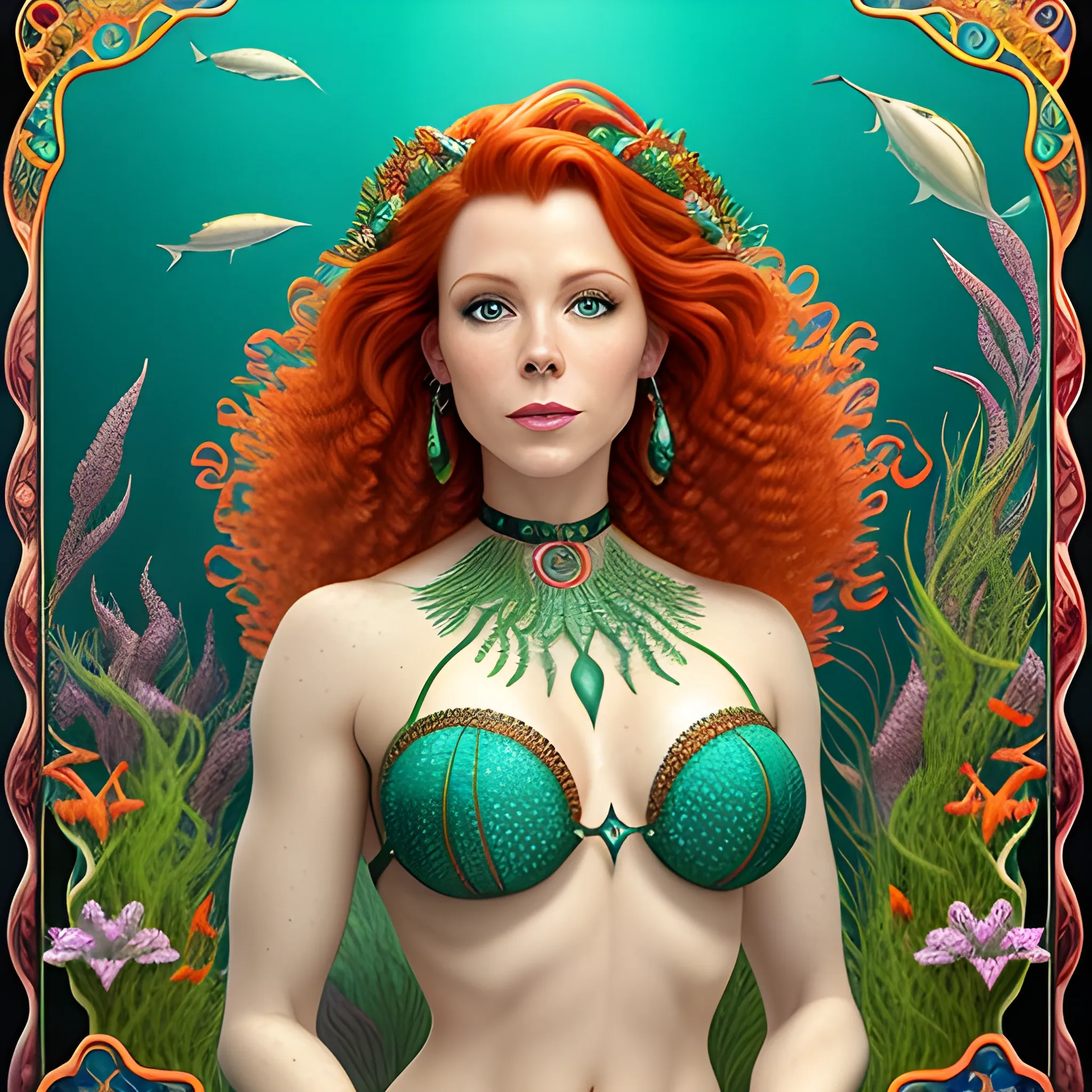 teen Robyn Lively as a mermaid, highly detailed, softly freckled, beautiful face, ornately detailed deep green tail; meticulously detailed multi-hued ginger carrot red fire hair; tie-dyed gradient teal, blue, berry wine and black scales, emerald necklace; seaweed, fish, fish plant, aquatic plant, deep colors; Aja Trier, luminous color sparkles, 8k resolution; Illustration intricately detailed, Artstation, Chromolithography Soft Shading
