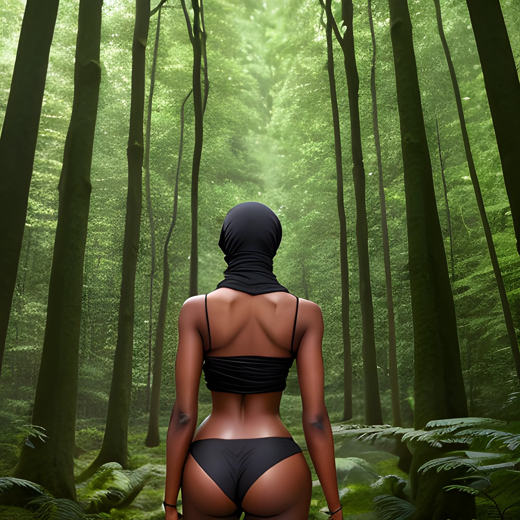 a hijab woman in a forest with her back to the camera and a man in the background, breasts, looking_at_viewer, short_hair, multiple_girls, black_hair, 2girls, bare_shoulders, jewelry, medium_breasts, underwear, standing, panties, ass, earrings, outdoors, parted_lips, solo_focus, day, looking_back, dark_skin, from_behind, dark-skinned_female, tree, lips, crop_top, back, nature, armlet, forest, thong, realistic, bracer