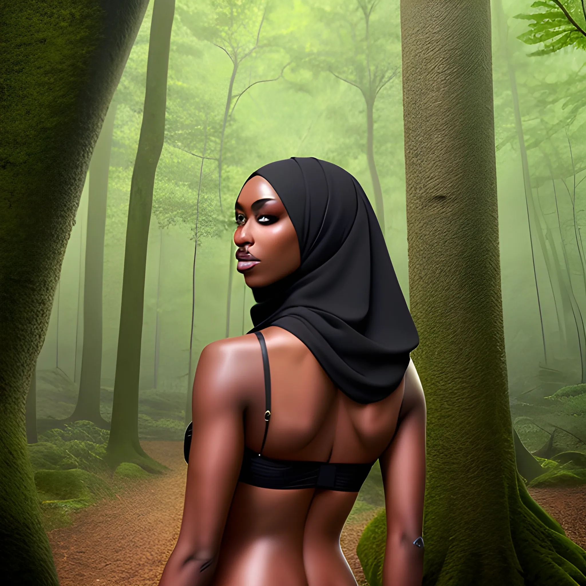 a hijab woman in a forest, breasts, looking_at_viewer, short_hair, multiple_girls, black_hair, 2girls, bare_shoulders, jewelry, medium_breasts, underwear, standing, panties, ass, earrings, outdoors, parted_lips, solo_focus, day, looking_back, dark_skin, from_behind, dark-skinned_female, tree, lips, crop_top, back, nature, armlet, forest, thong, realistic, bracer