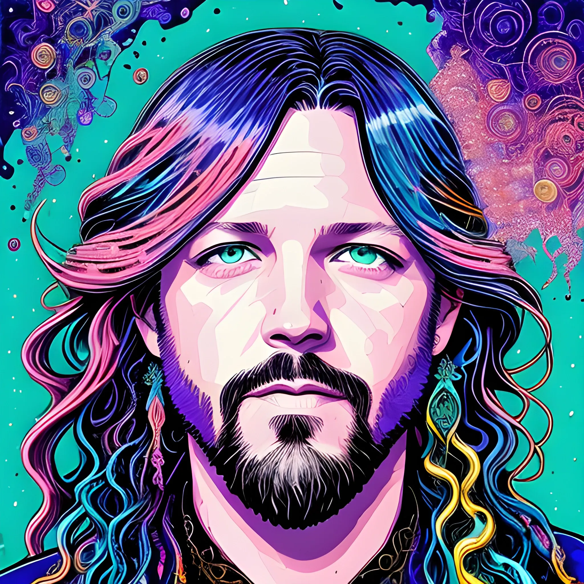 mixed media ink illustration Rich Robinson of The Black Crowes, meticulously detailed face, Rich Robinson, long hair, blue eyes, luminous colorful sparkles, by James R. Eads, Gawki, rajewel, DestinyBlue, Tania Rivilis, Dan Mumford, glitter, airbrush, pink, purple, teal, green, multi-hued