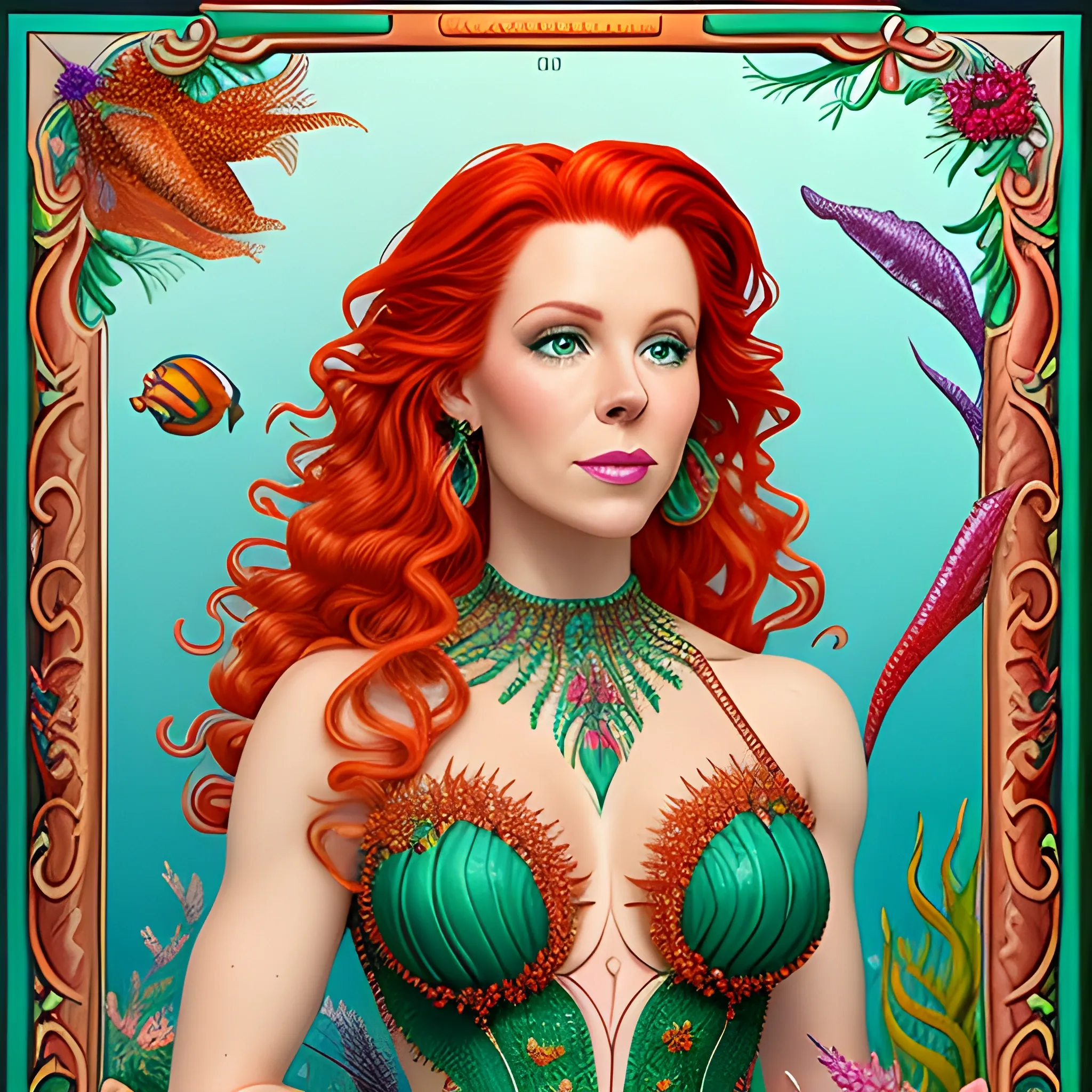 teen Robyn Lively as a mermaid, highly detailed, softly freckled, beautiful face, ornately detailed deep green tail; meticulously detailed multi-hued ginger carrot red fire hair; tie-dyed gradient teal, blue, berry wine and black scales, emerald necklace; seaweed, fish, fish plant, aquatic plant, deep colors; Aja Trier, luminous color sparkles, 8k resolution; Illustration intricately detailed, Artstation, Chromolithography Soft Shading