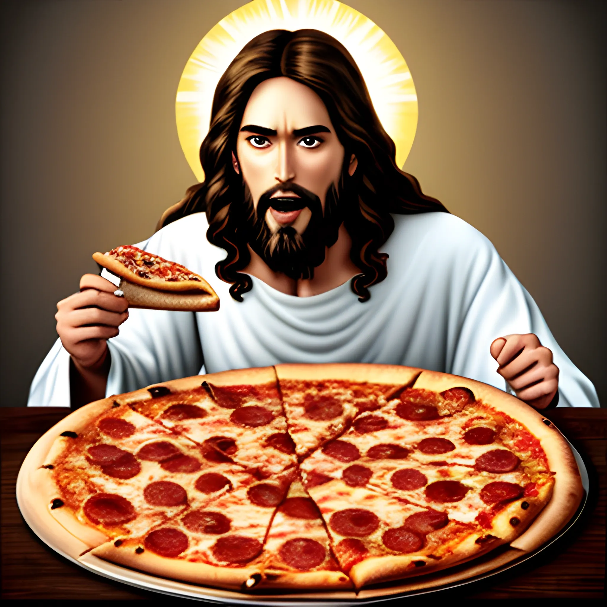 Jesus eating pizza
