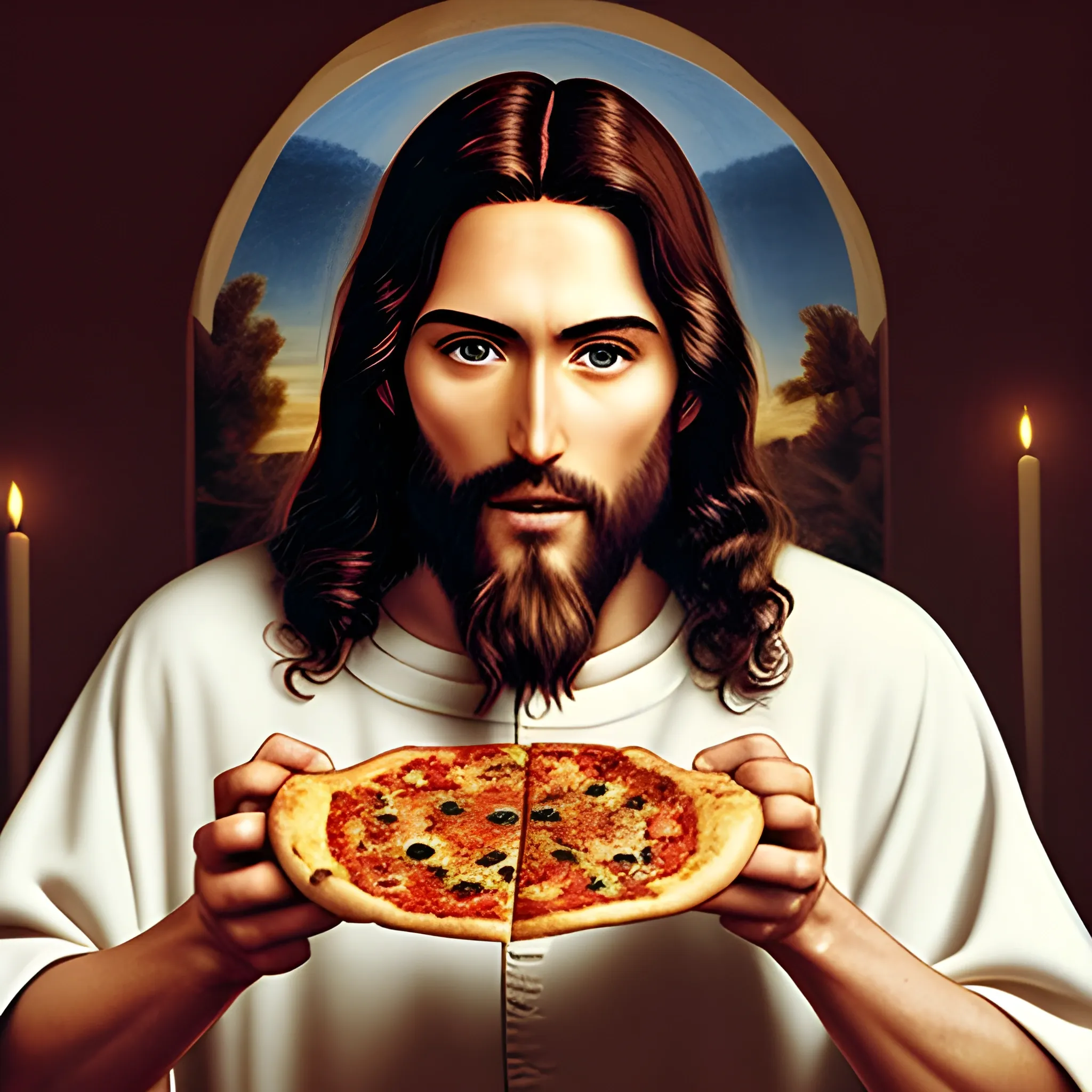 Jesus eating pizza
