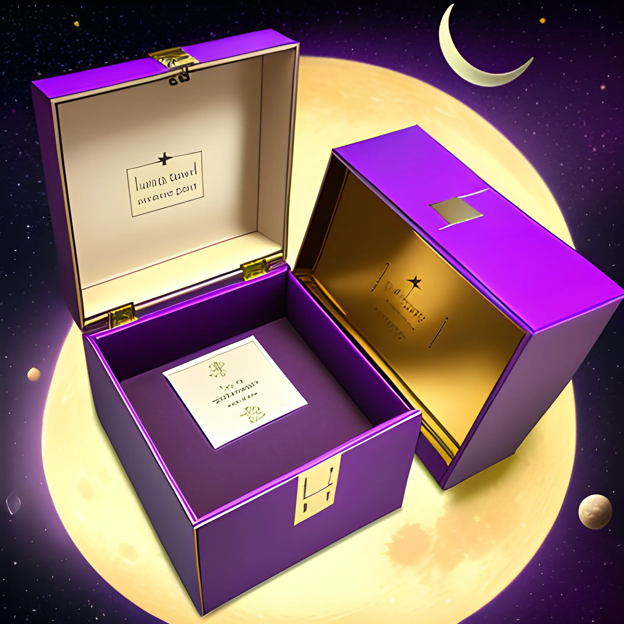 simple clean parfume box, purple, and cool brand label on the bottle, golden colored moon, stars and planets on the box