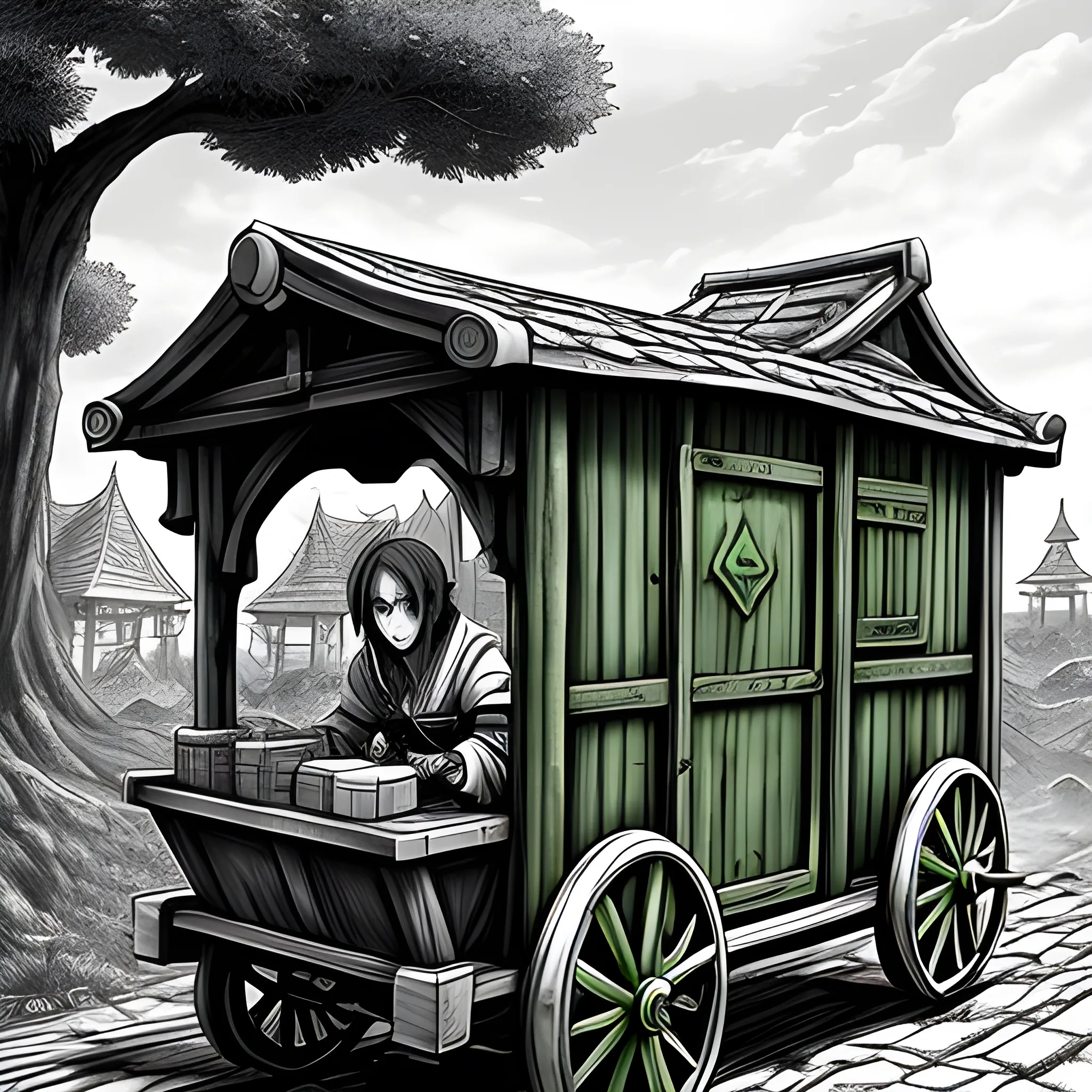 Fantasy, Manga, Monochrome Green, Merchant, Wagon