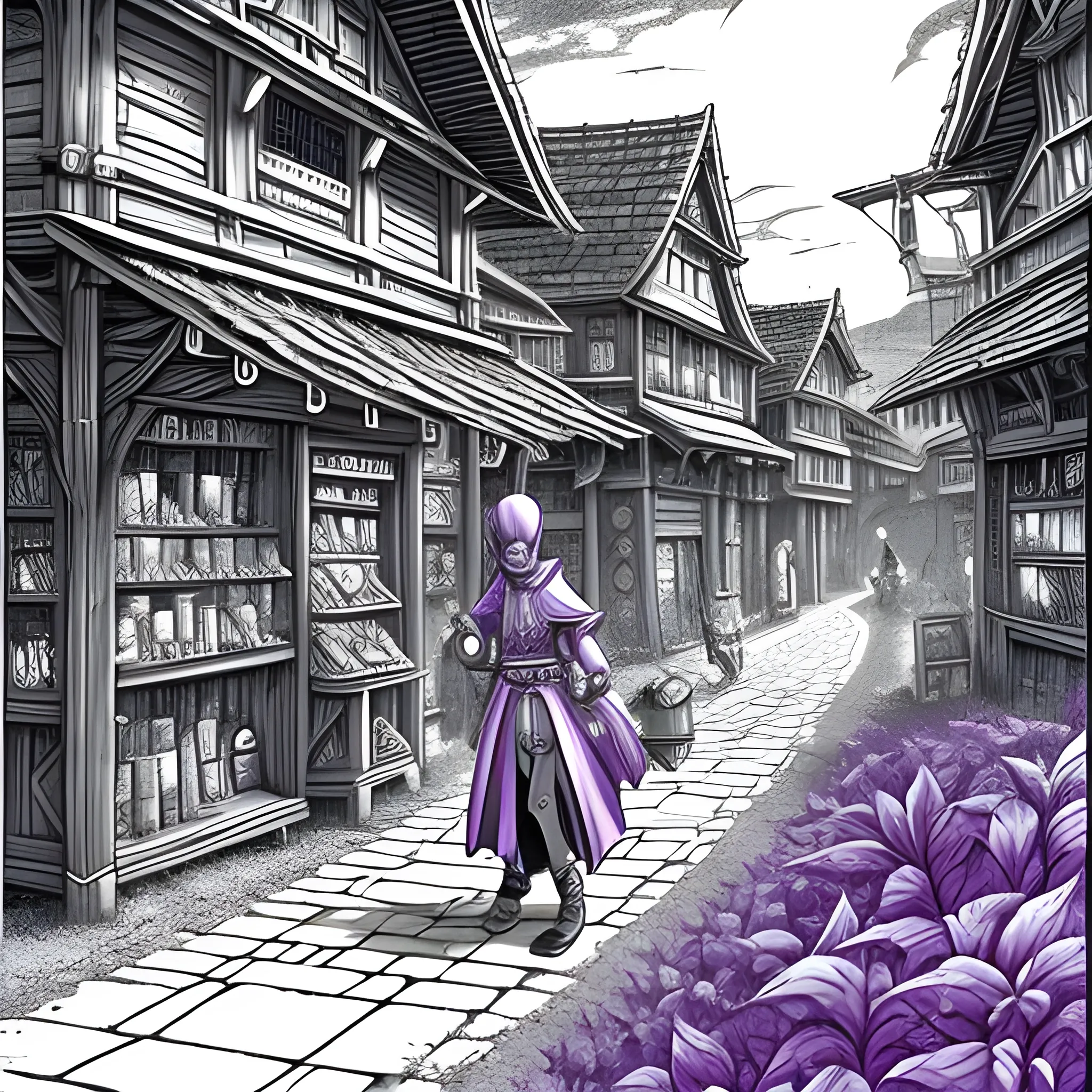 Fantasy, Manga, Monochrome Purple, Merchant, Travelling Down a Road
