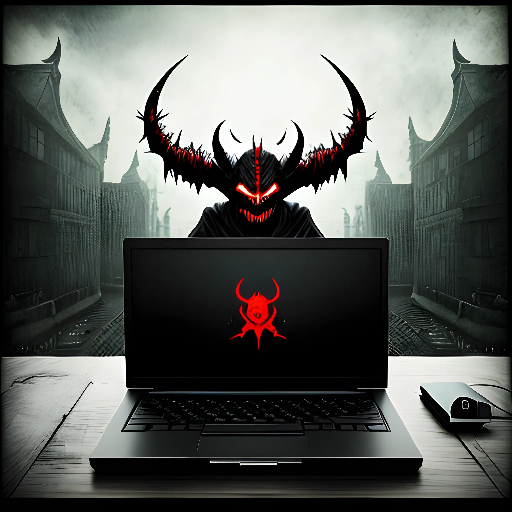 demon behind a laptop, behind a gloomy environment 