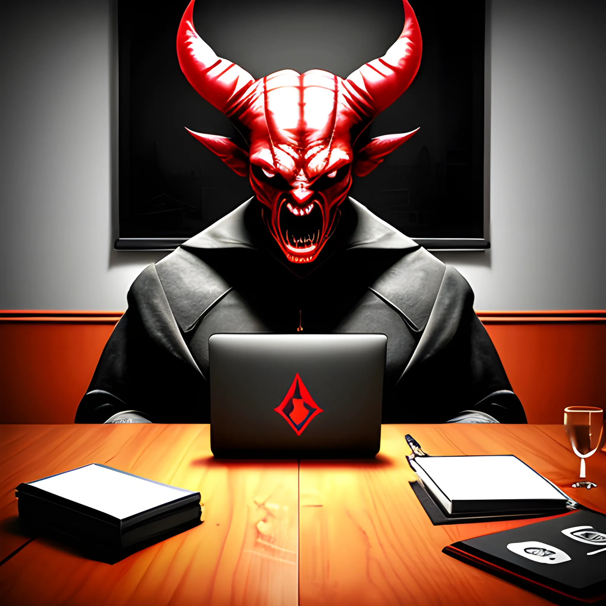 the devil is sitting at the table, in front of him is a laptop with the doxbin logo 