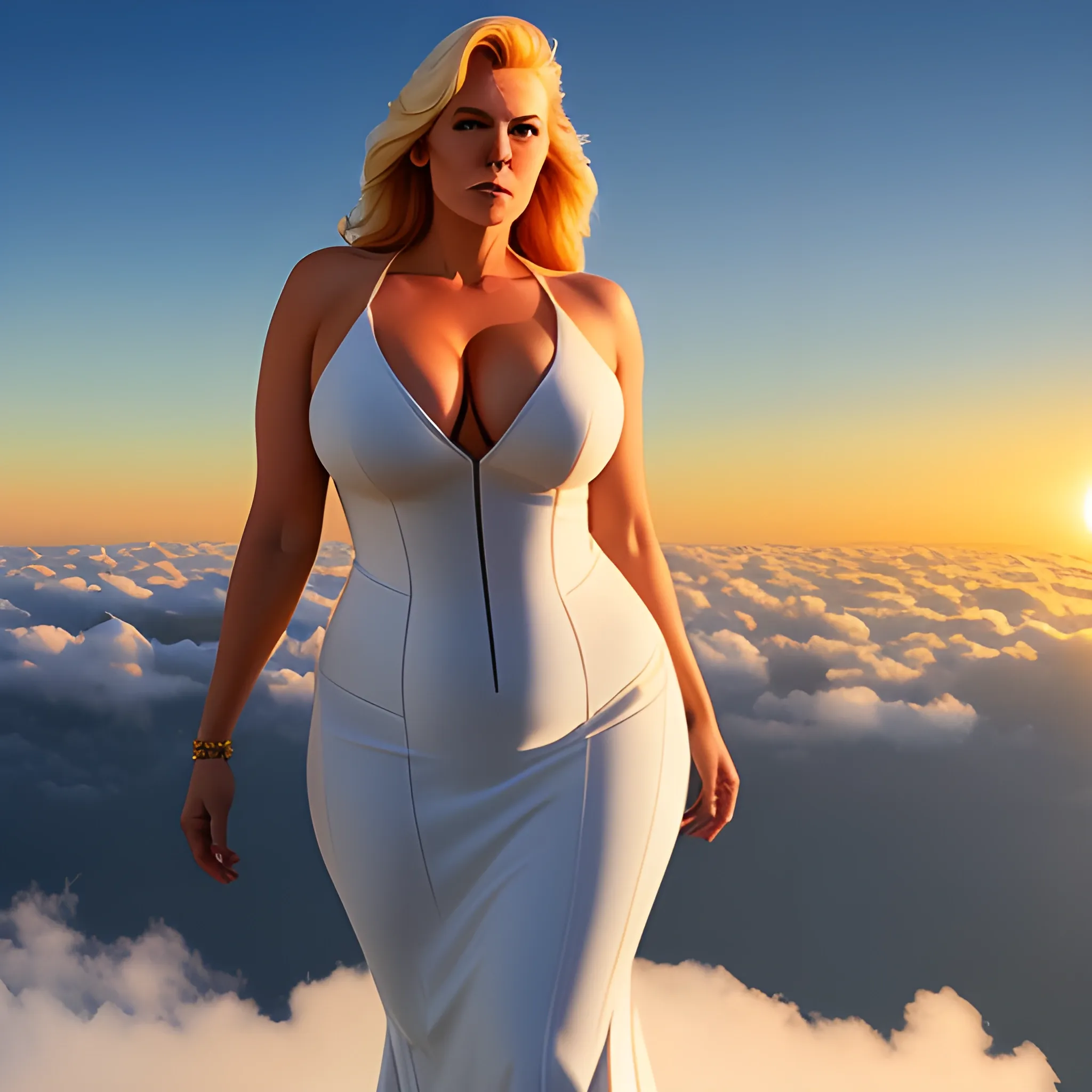 very tall, robust, not curvy, blonde girl standing under clouds and rising sun