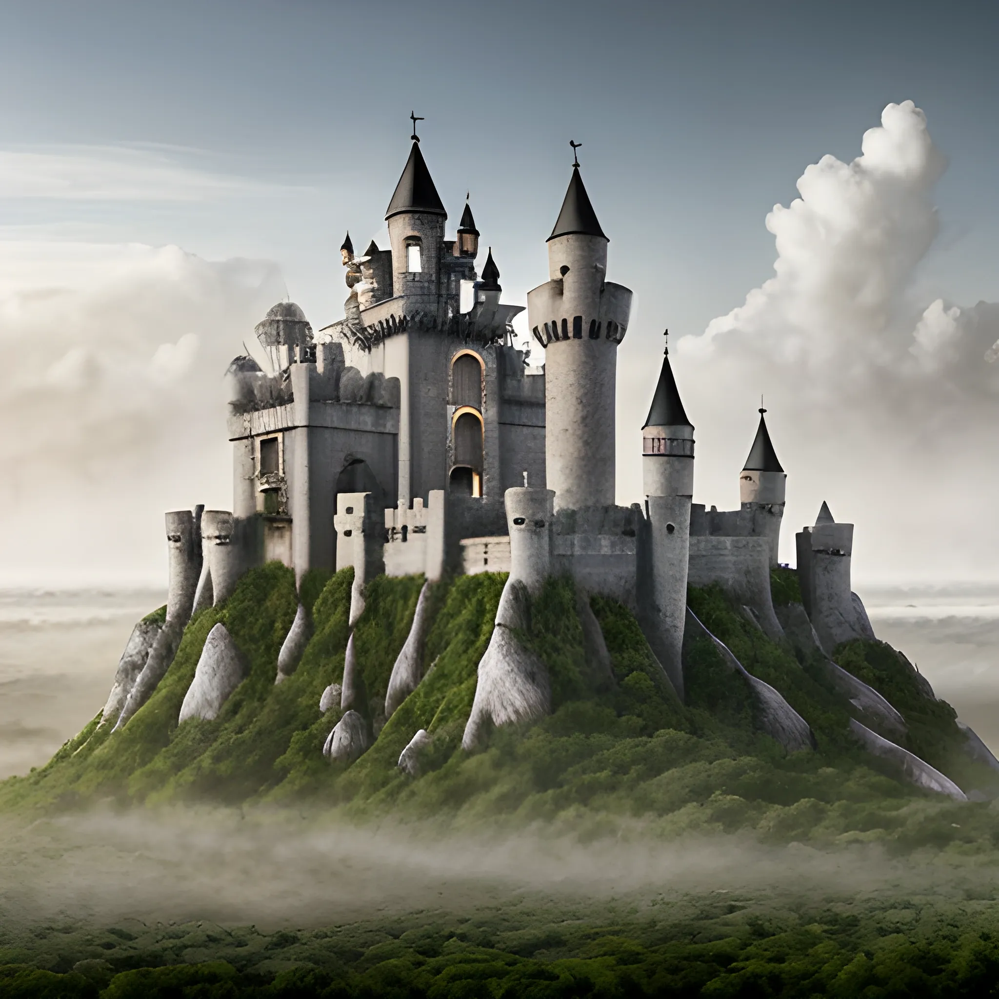 Castillo medieval grande, planta del edificio rectangular, niebla alrededor, bosque rodeándolo, realista, romance