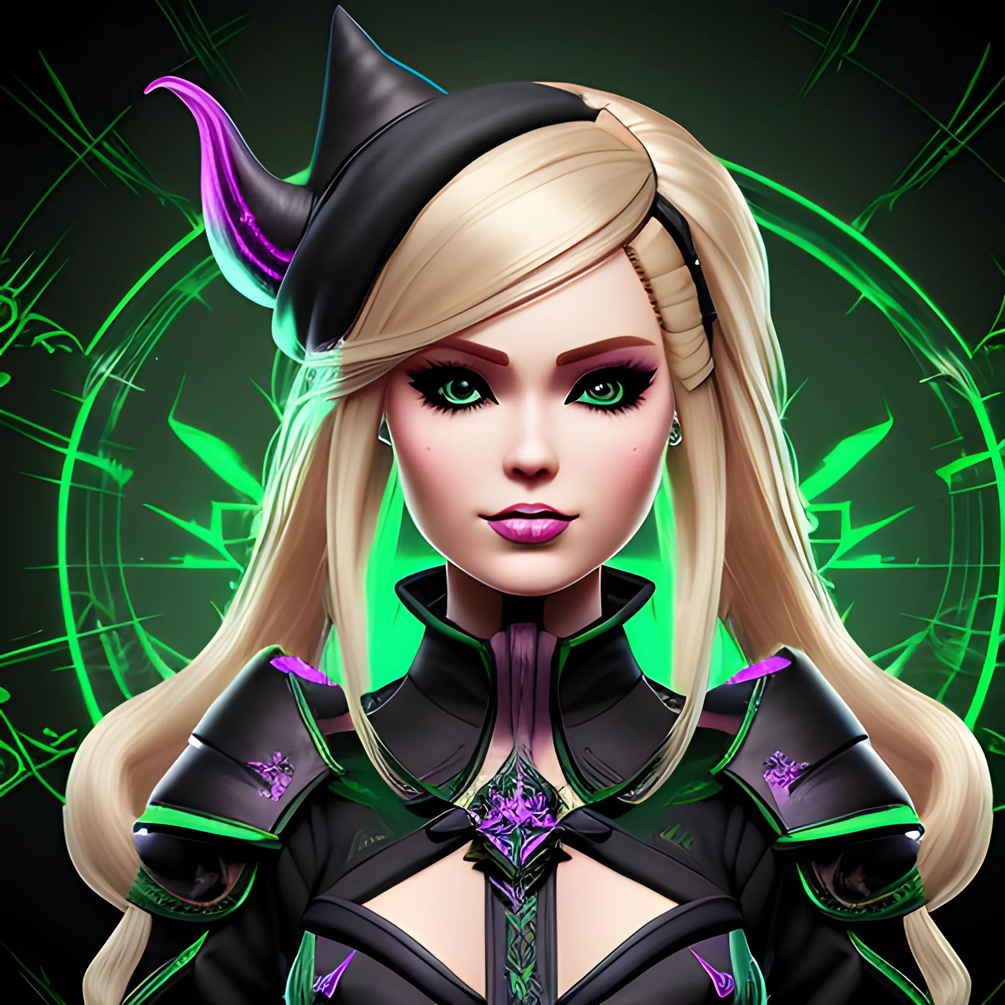 A hyper detailed, gaming style portrait of a beautiful woman, with beautiful barbie face, who is a character in a game like Dota 2, about magical adventures, witches and magicians, with blondie hair, wearing a fantasy style dark green and black wear, wrapped in black lines with beautiful dynamic background