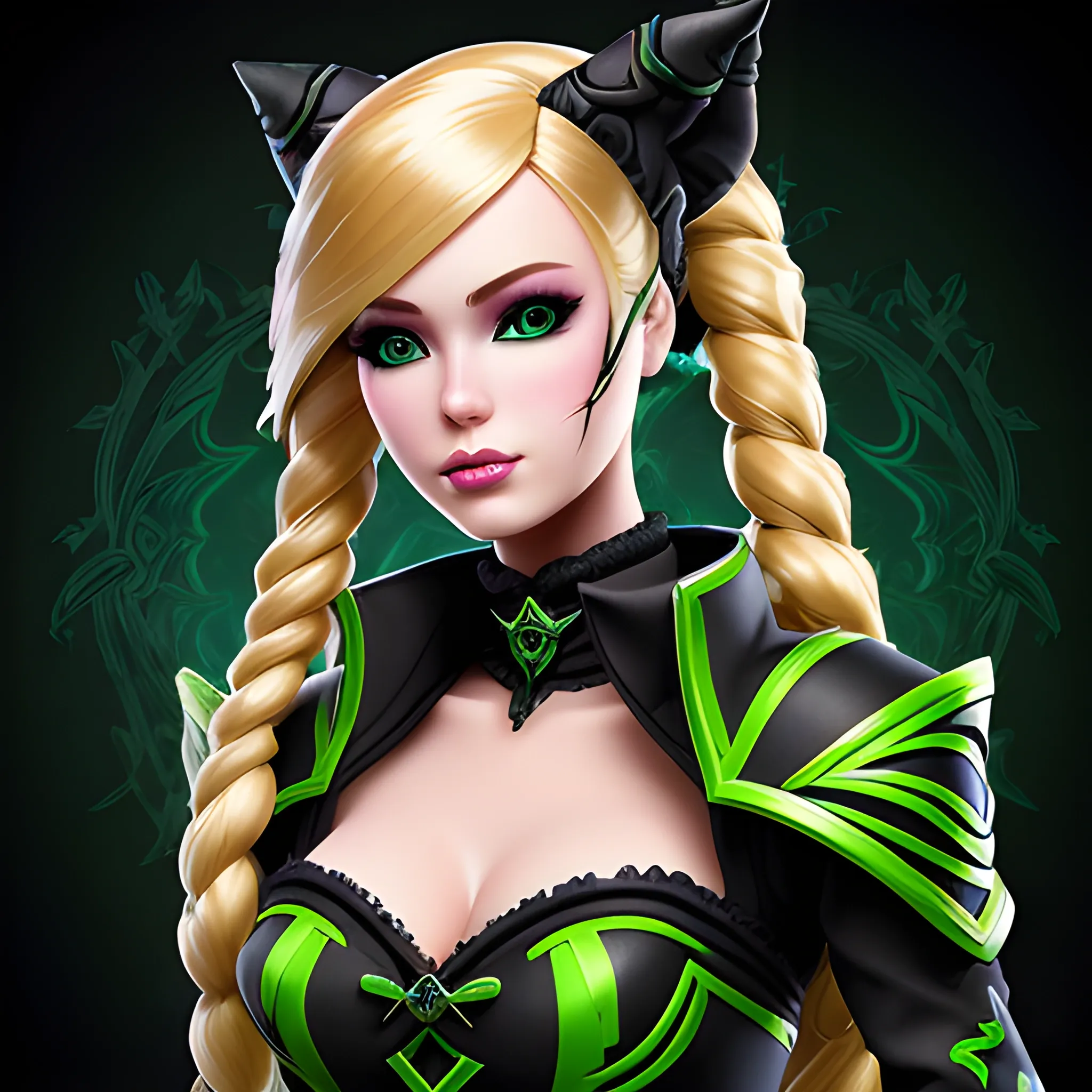 A hyper detailed, gaming style portrait of a beautiful woman, with beautiful barbie face, who is a character in a game like Dota 2, about magical adventures, witches and magicians, with blondie hair, wearing a fantasy style dark green and black wear, wrapped in black lines with beautiful dynamic background