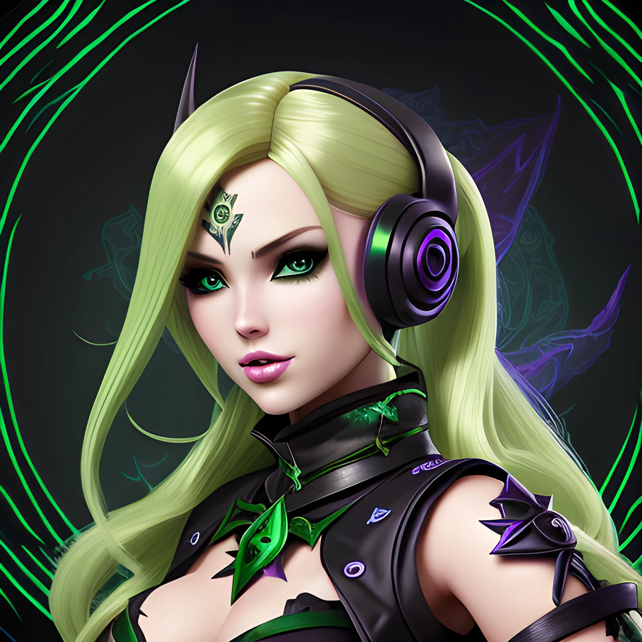 A hyper detailed, gaming style portrait of a beautiful woman, with beautiful barbie face, who is a character in a game like Dota 2, about magical adventures, witches and magicians, with blondie hair, wearing a fantasy style dark green and black wear, wrapped in black lines with beautiful dynamic background