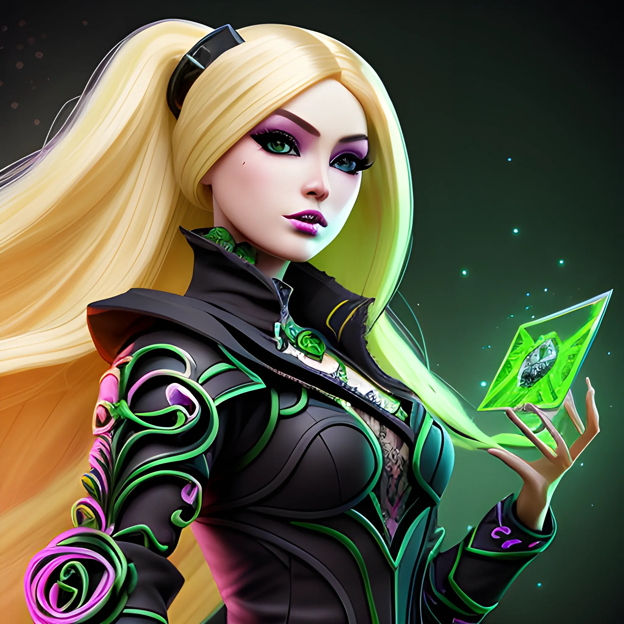 A hyper detailed, gaming style portrait of a beautiful woman, with beautiful barbie face, who is a character in a game like Dota 2, about magical adventures, witches and magicians, with blondie hair, wearing a fantasy style dark green and black wear, wrapped in black lines with beautiful dynamic background