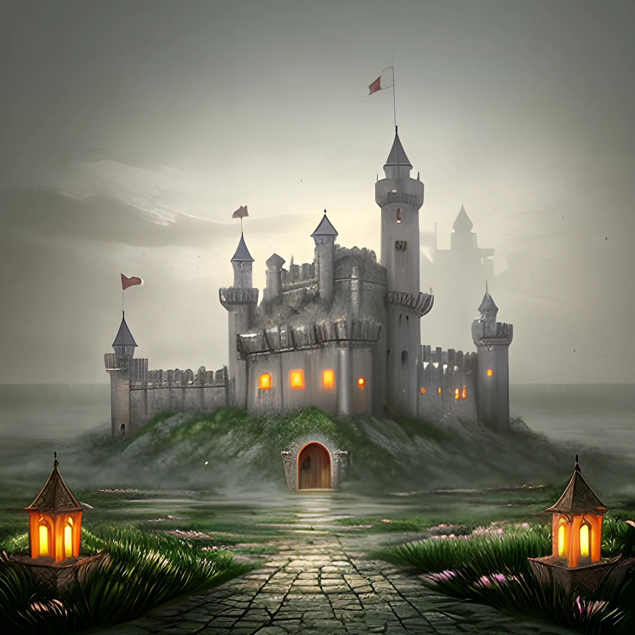 Castillo medieval grande, planta del edificio rectangular, niebla alrededor, bosque rodeándolo, ilustración realista, romance