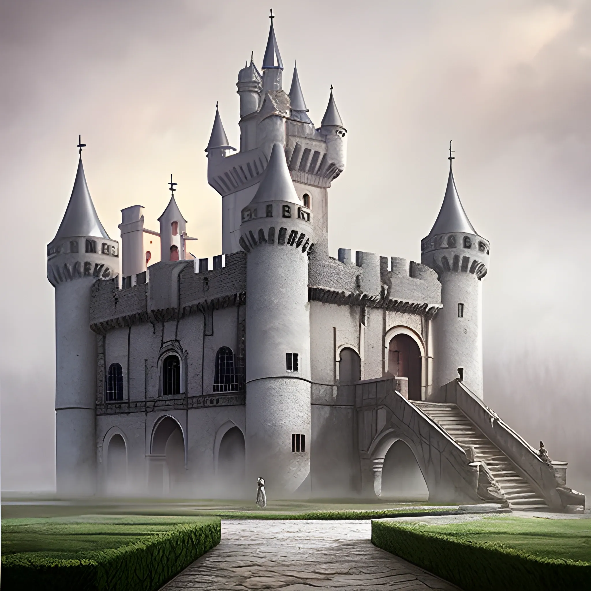 Castillo medieval grande, planta del edificio rectangular, niebla alrededor, bosque  espeso rodeándolo, ilustración muy realista, romance, fantasía