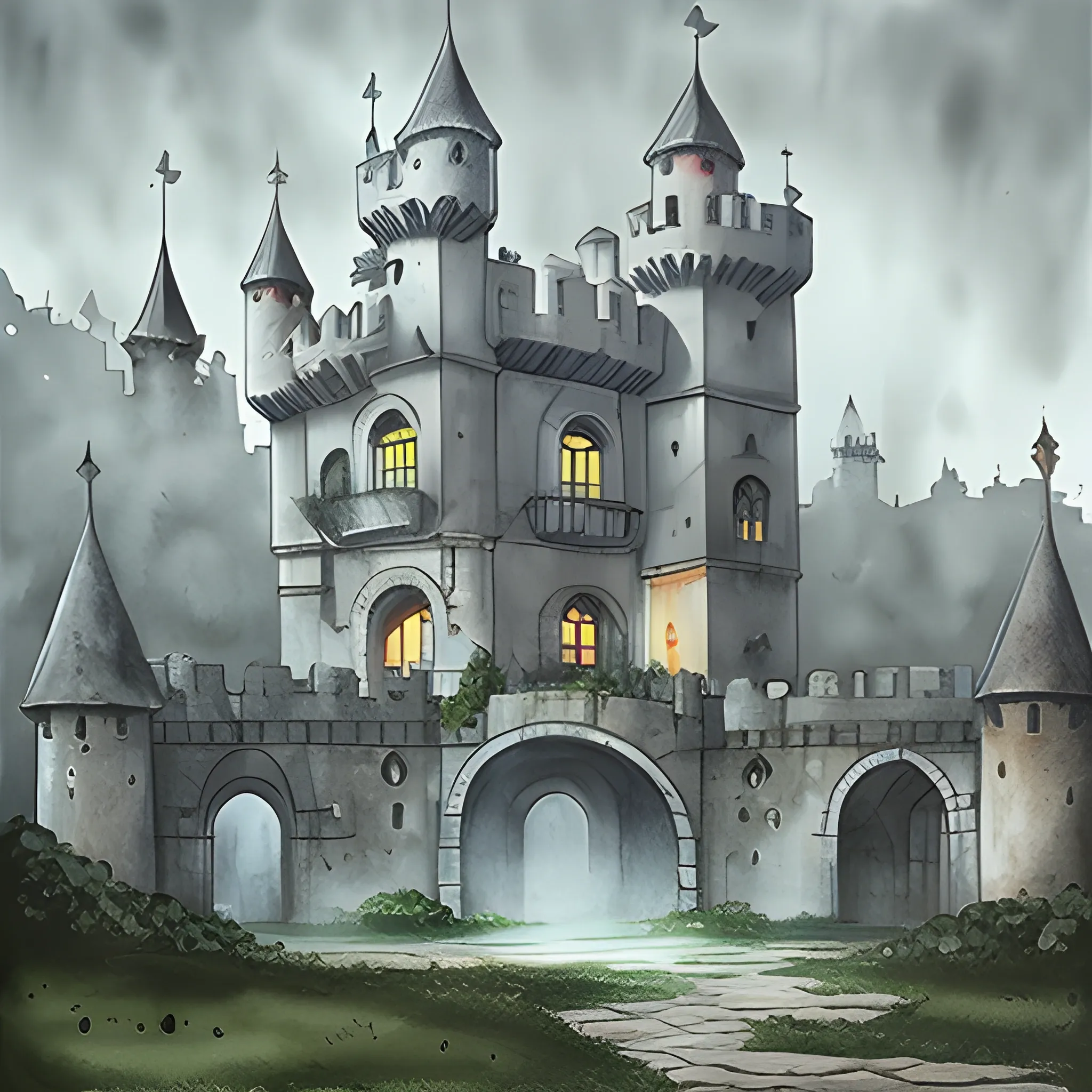 Castillo medieval grande, planta del edificio rectangular, niebla alrededor, bosque  espeso rodeándolo, ilustración acuarela realista, romance, fantasía, luz